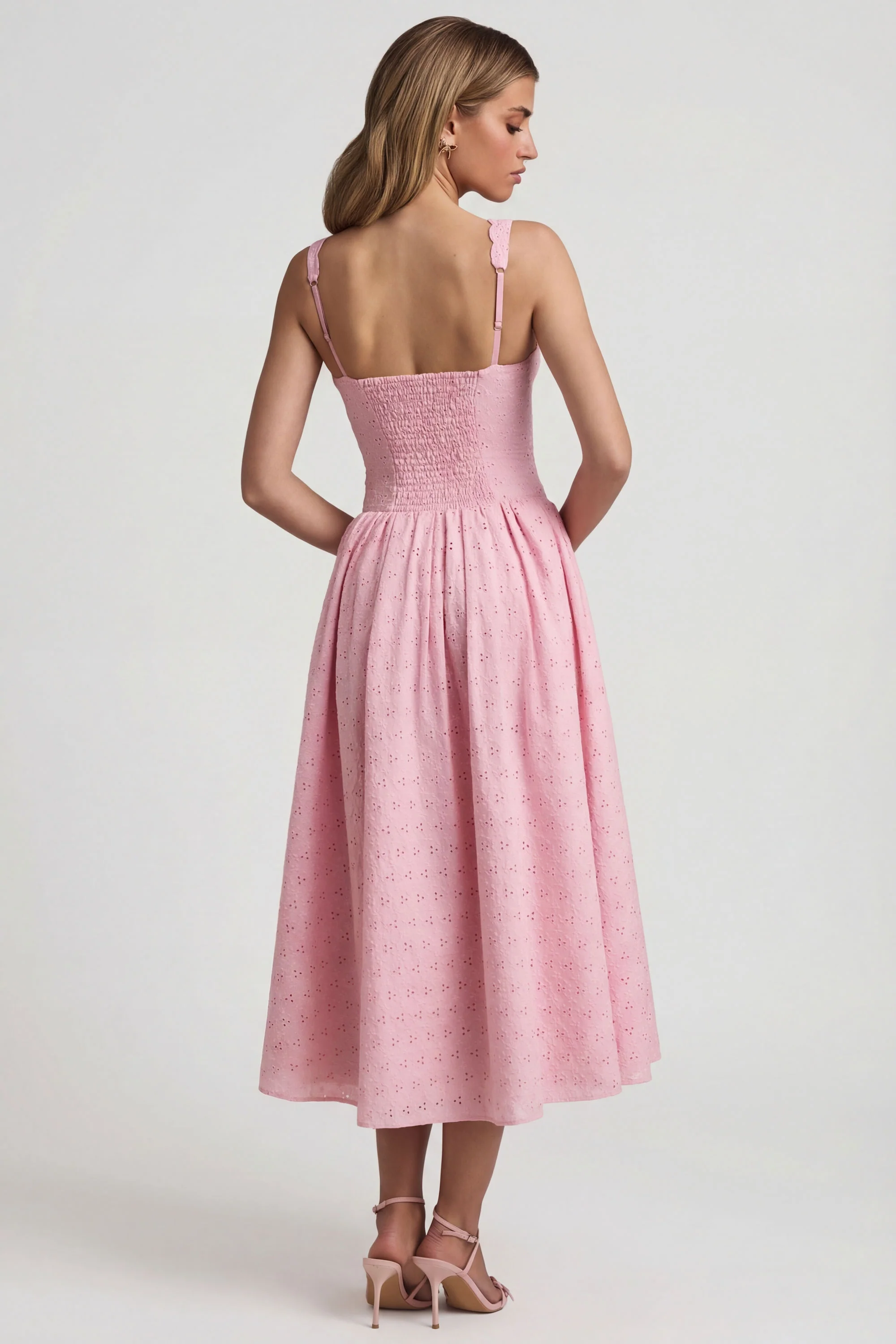 Broderie Anglaise Bow-Detail A-Line Midaxi Dress in Soft Pink - Image 2