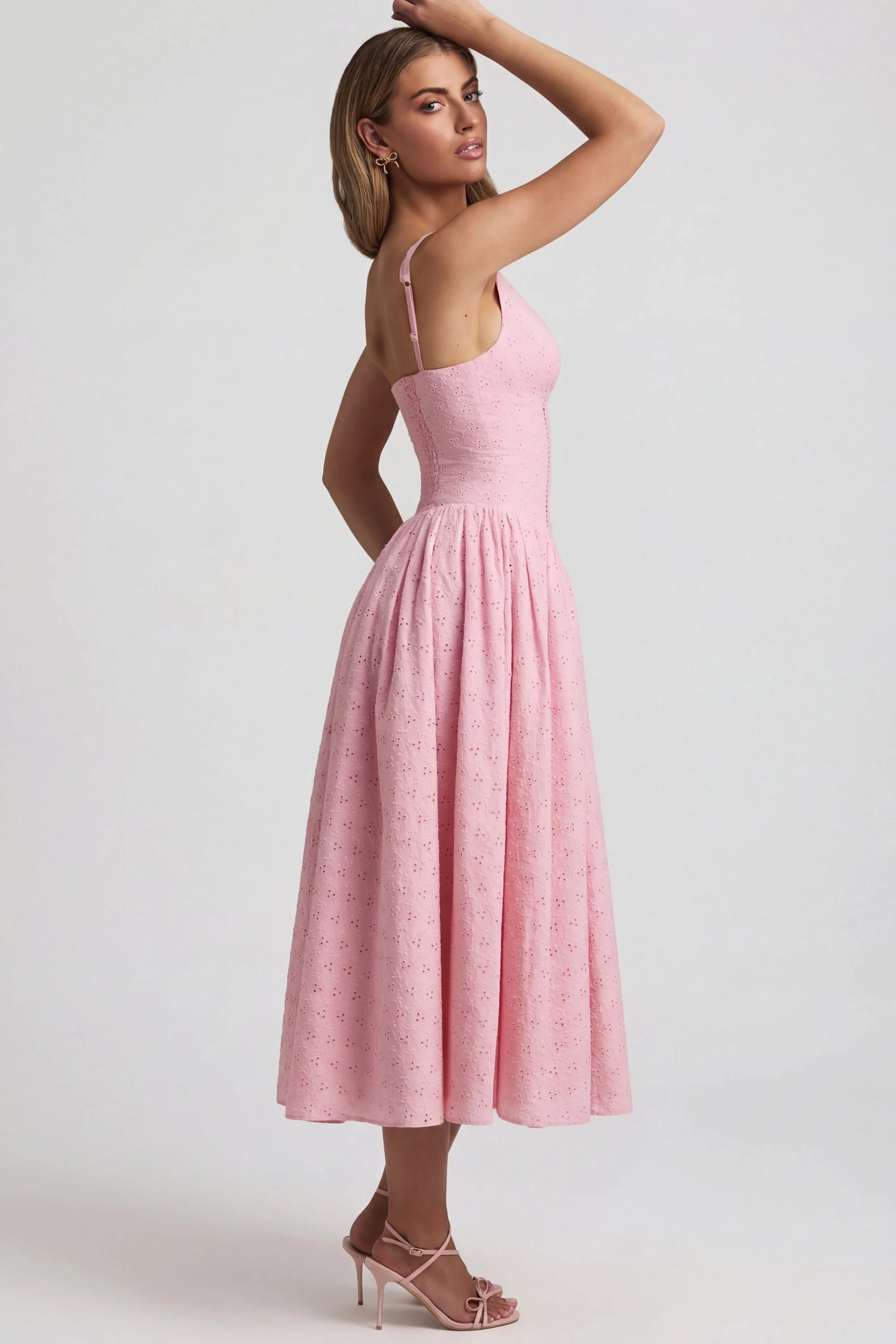 Broderie Anglaise Bow-Detail A-Line Midaxi Dress in Soft Pink - Image 3
