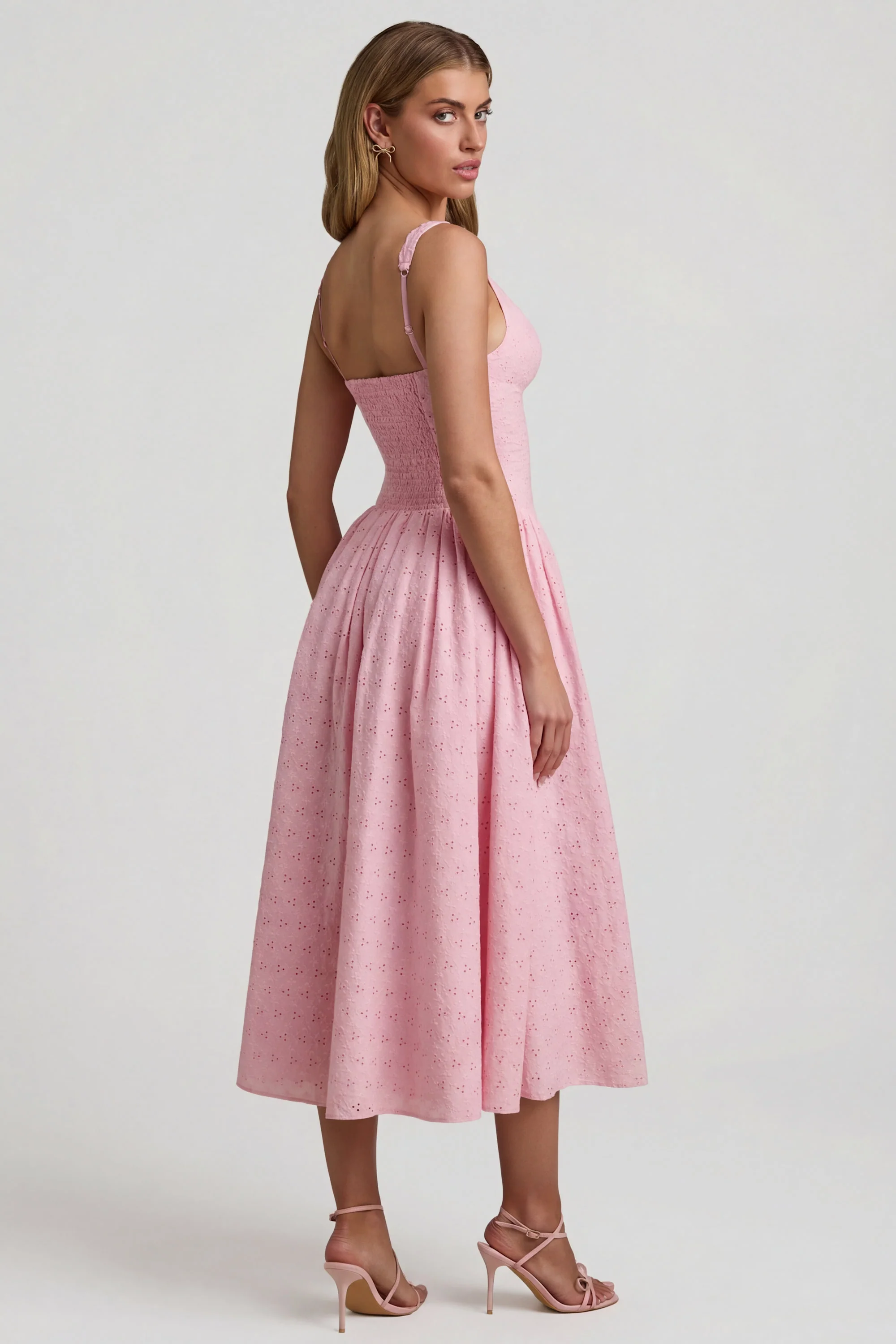 Broderie Anglaise Bow-Detail A-Line Midaxi Dress in Soft Pink - Image 6