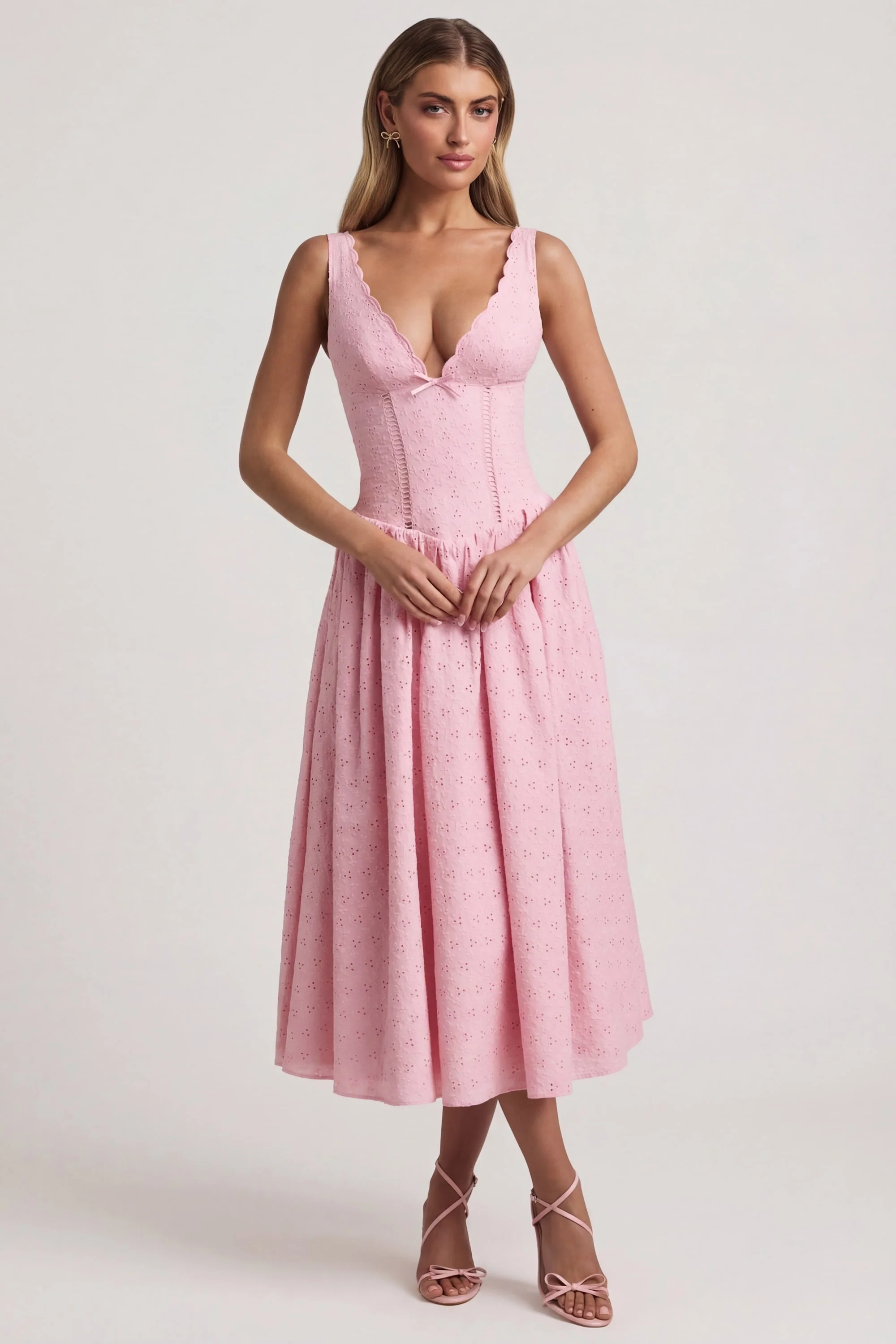 Broderie Anglaise Bow-Detail A-Line Midaxi Dress in Soft Pink - Image 8