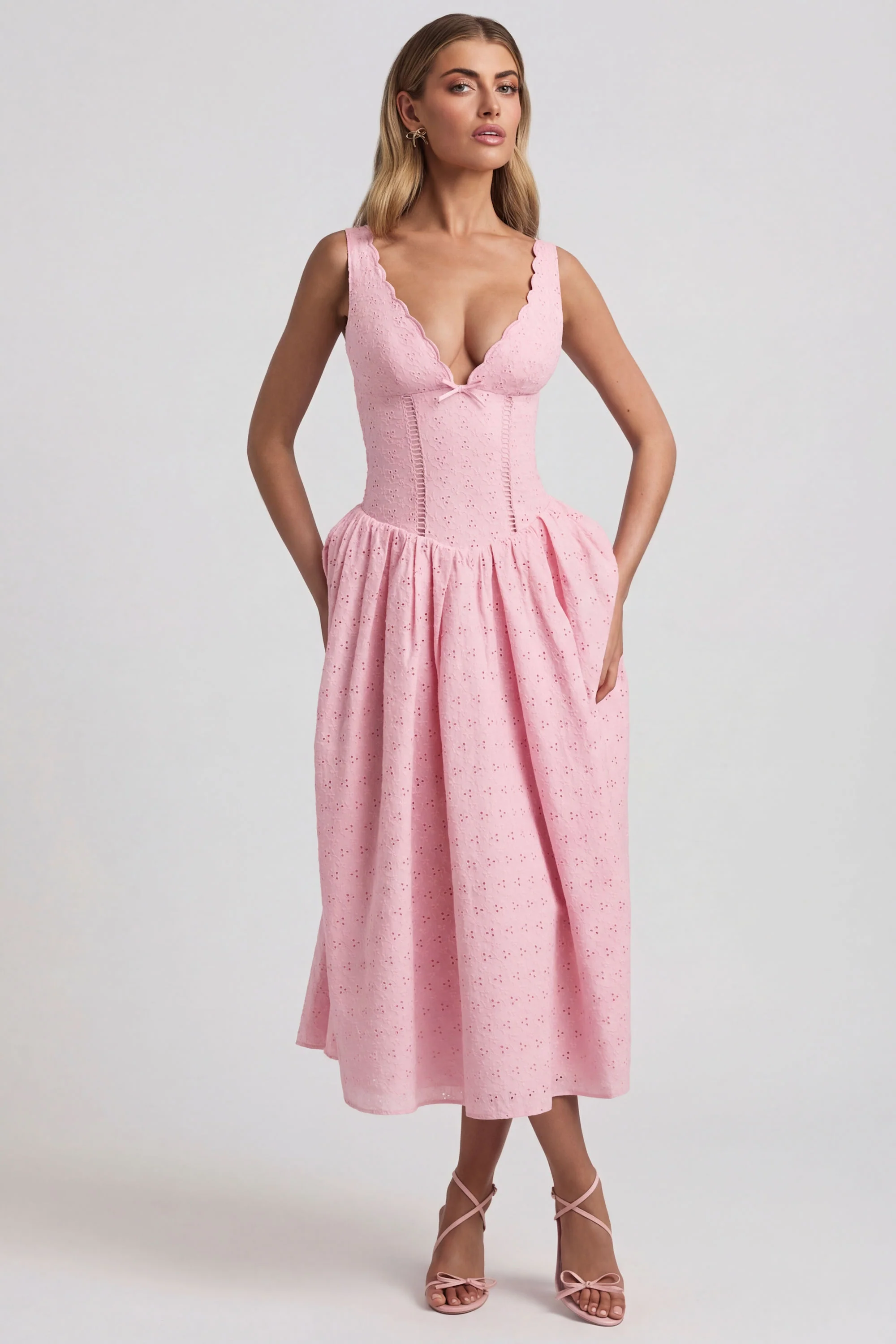 Broderie Anglaise Bow-Detail A-Line Midaxi Dress in Soft Pink - Image 9