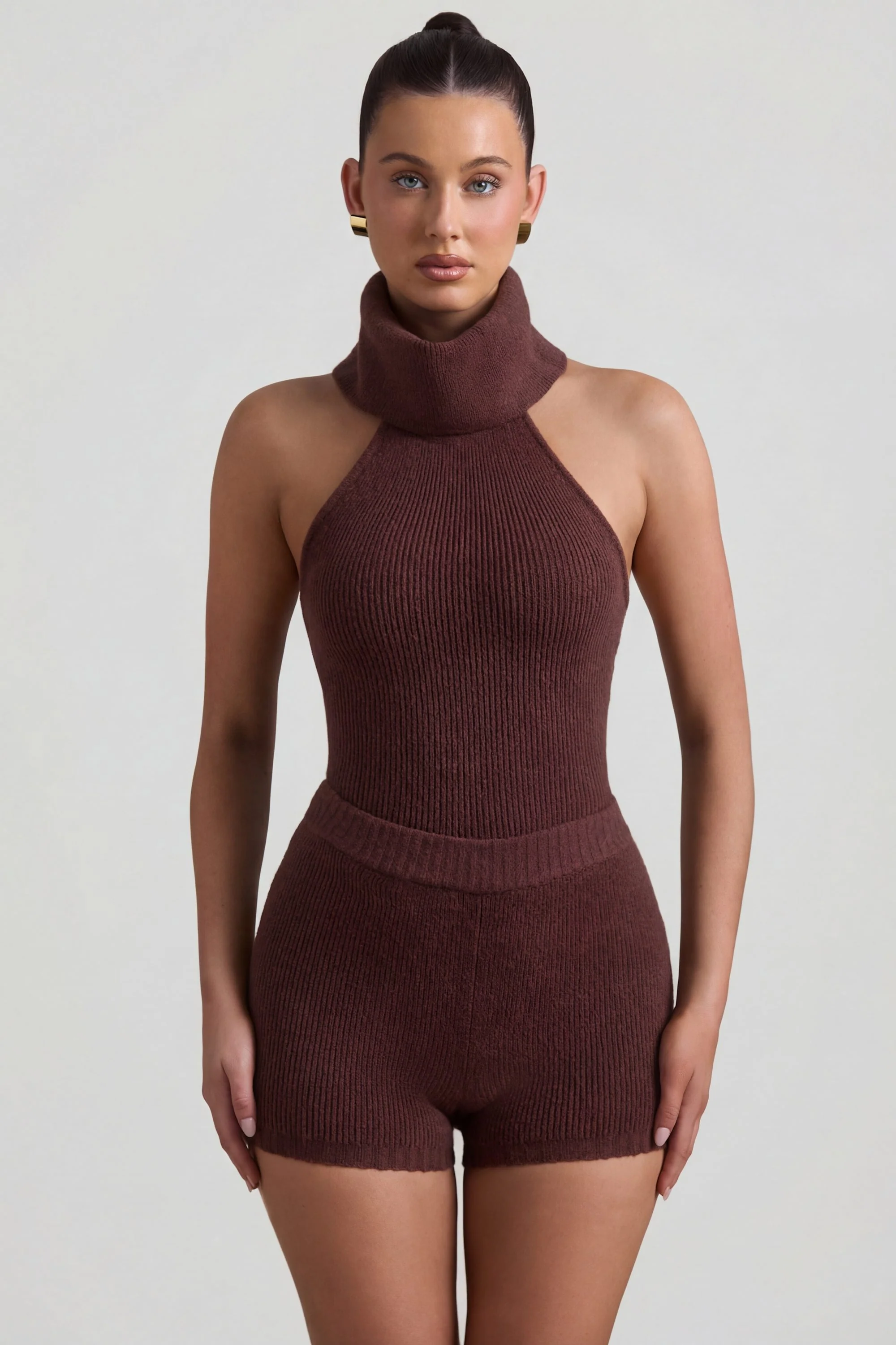 Ribbed-Knit Turtleneck Backless Top in Espresso - Image 5