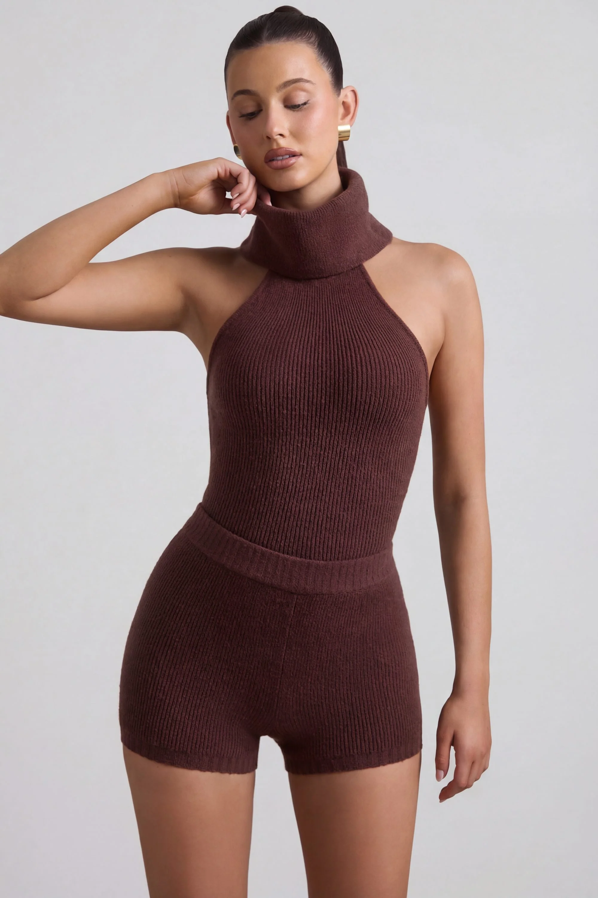 Ribbed-Knit Turtleneck Backless Top in Espresso - Image 6