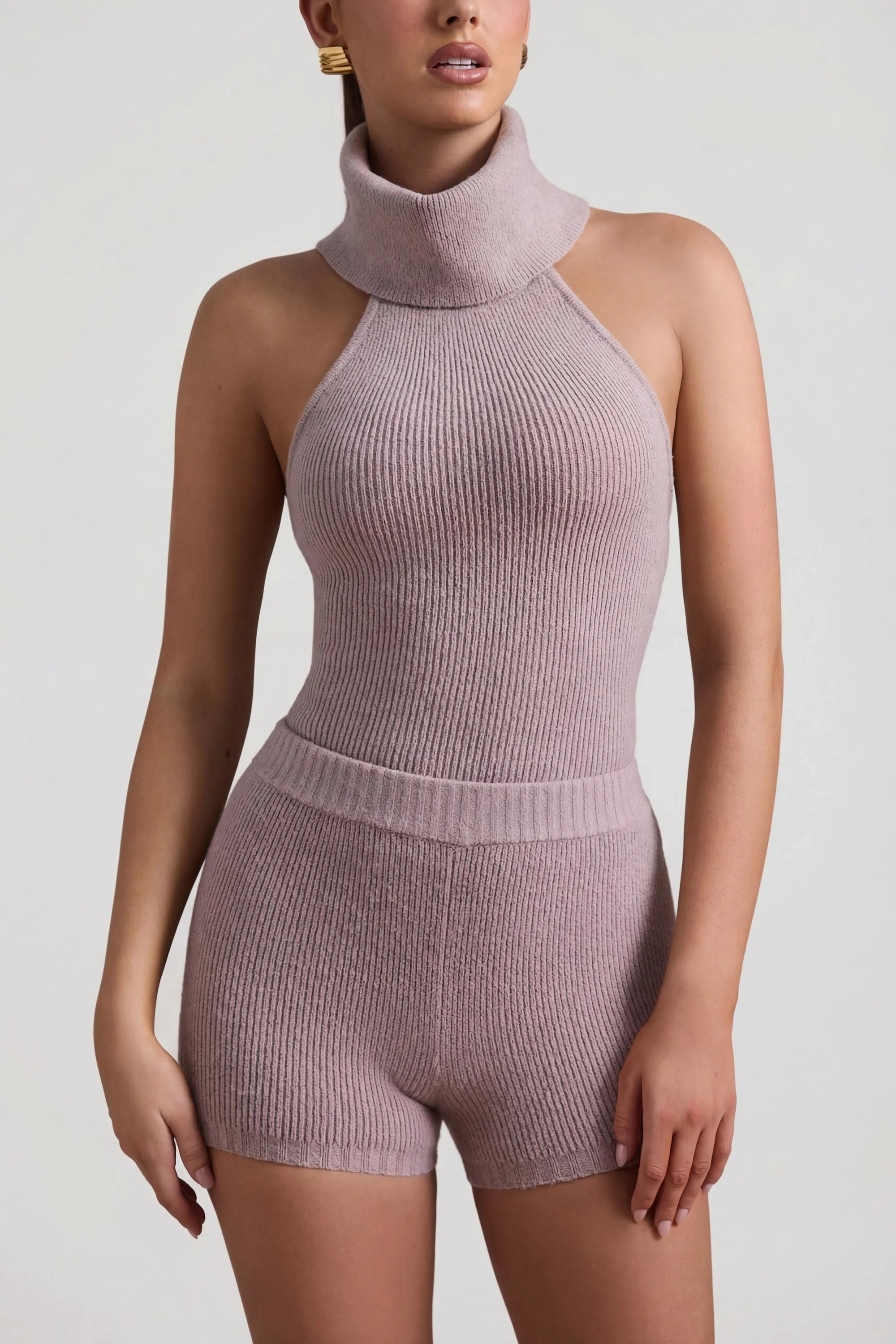 Ribbed-Knit Turtleneck Backless Top in Taupe - Image 4