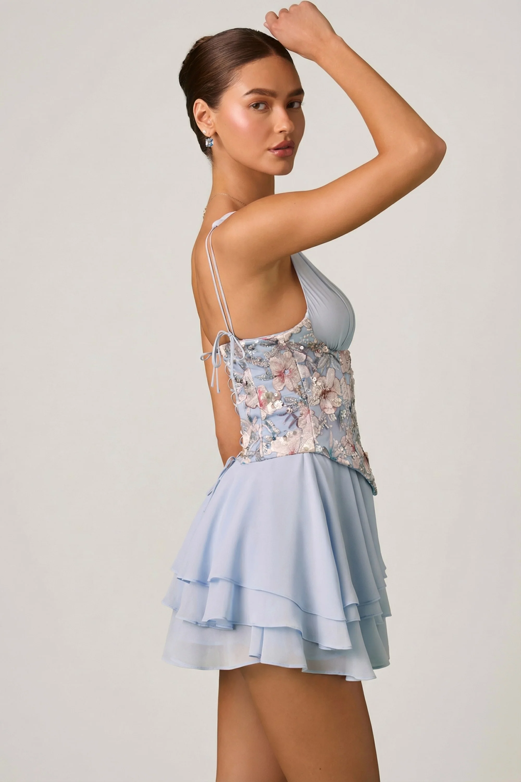 Embellished Ruffled Corset Mini Dress in Floral Blue - Image 5