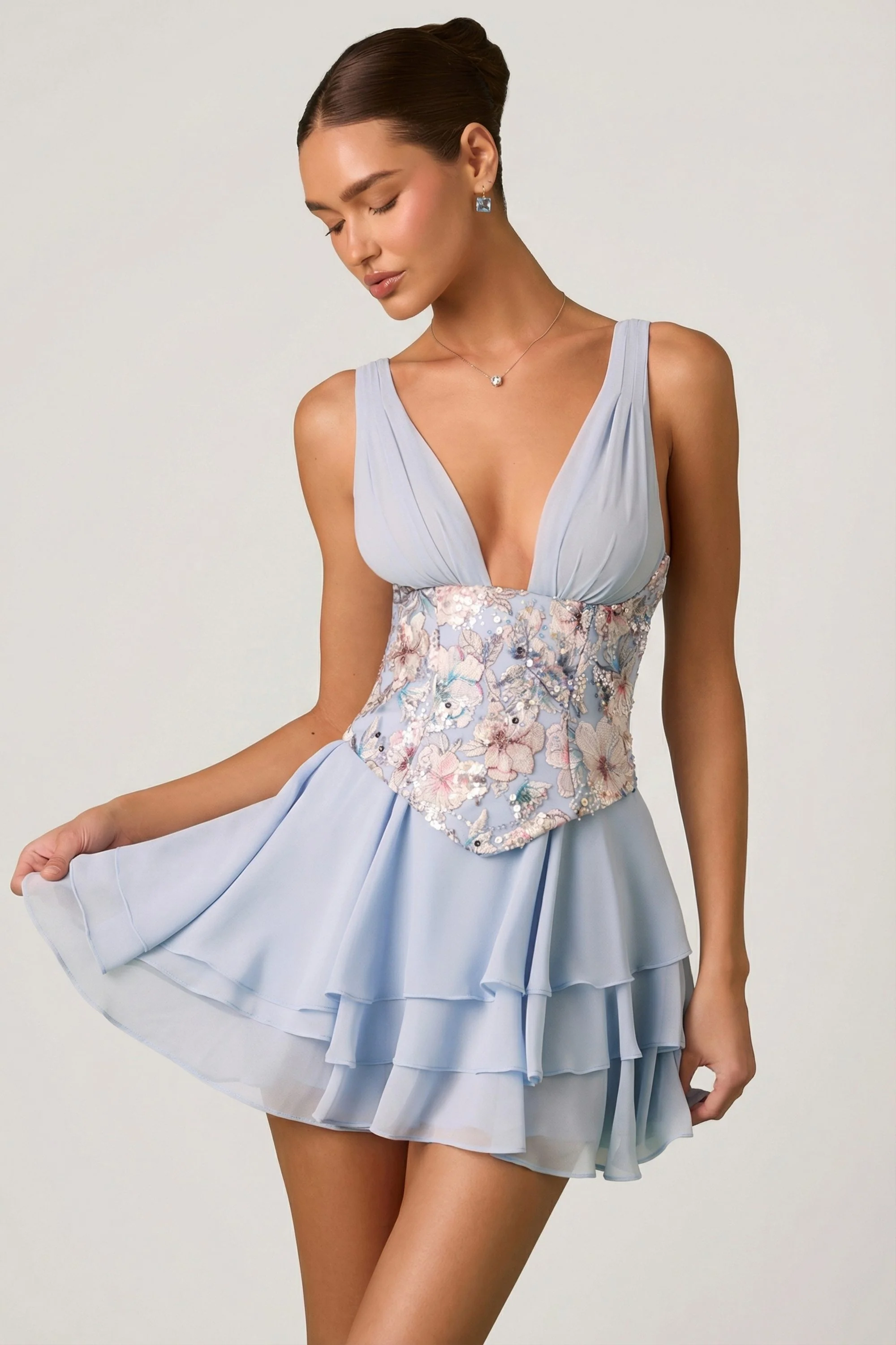 Embellished Ruffled Corset Mini Dress in Floral Blue - Image 6