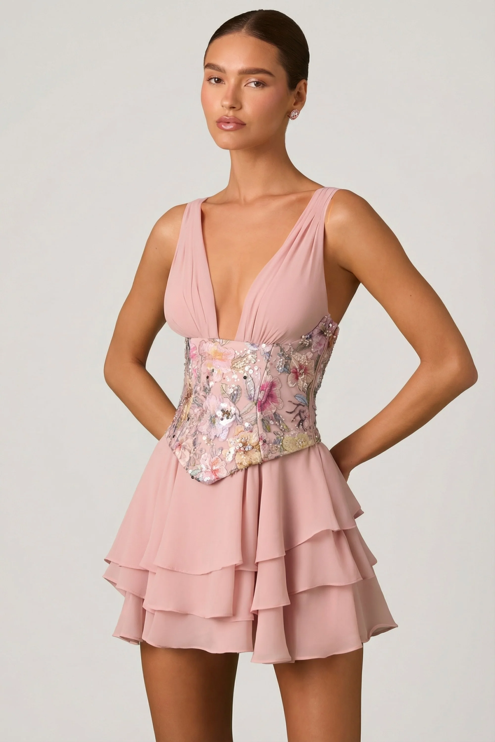 Embellished Ruffled Corset Mini Dress in Floral Pink - Image 7