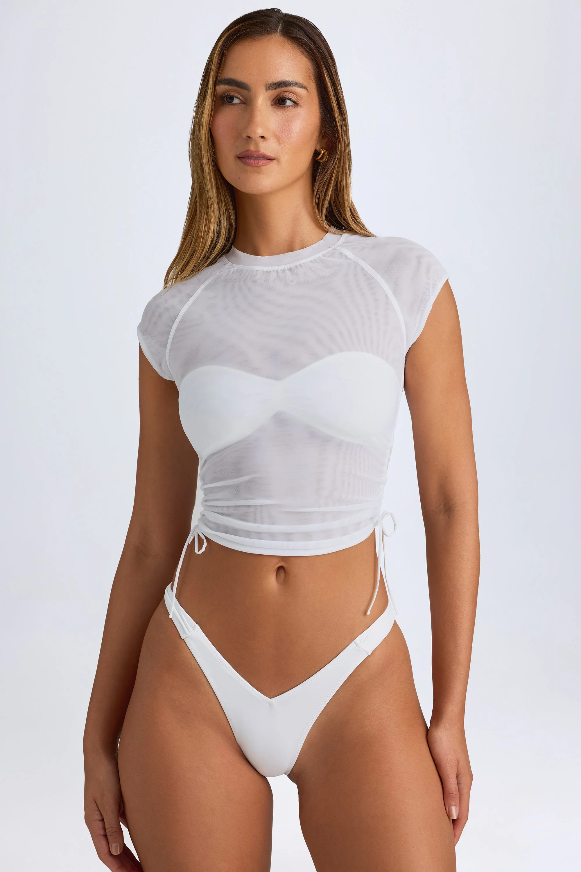 Sheer Ruched Cropped T-Shirt in White - Image 7