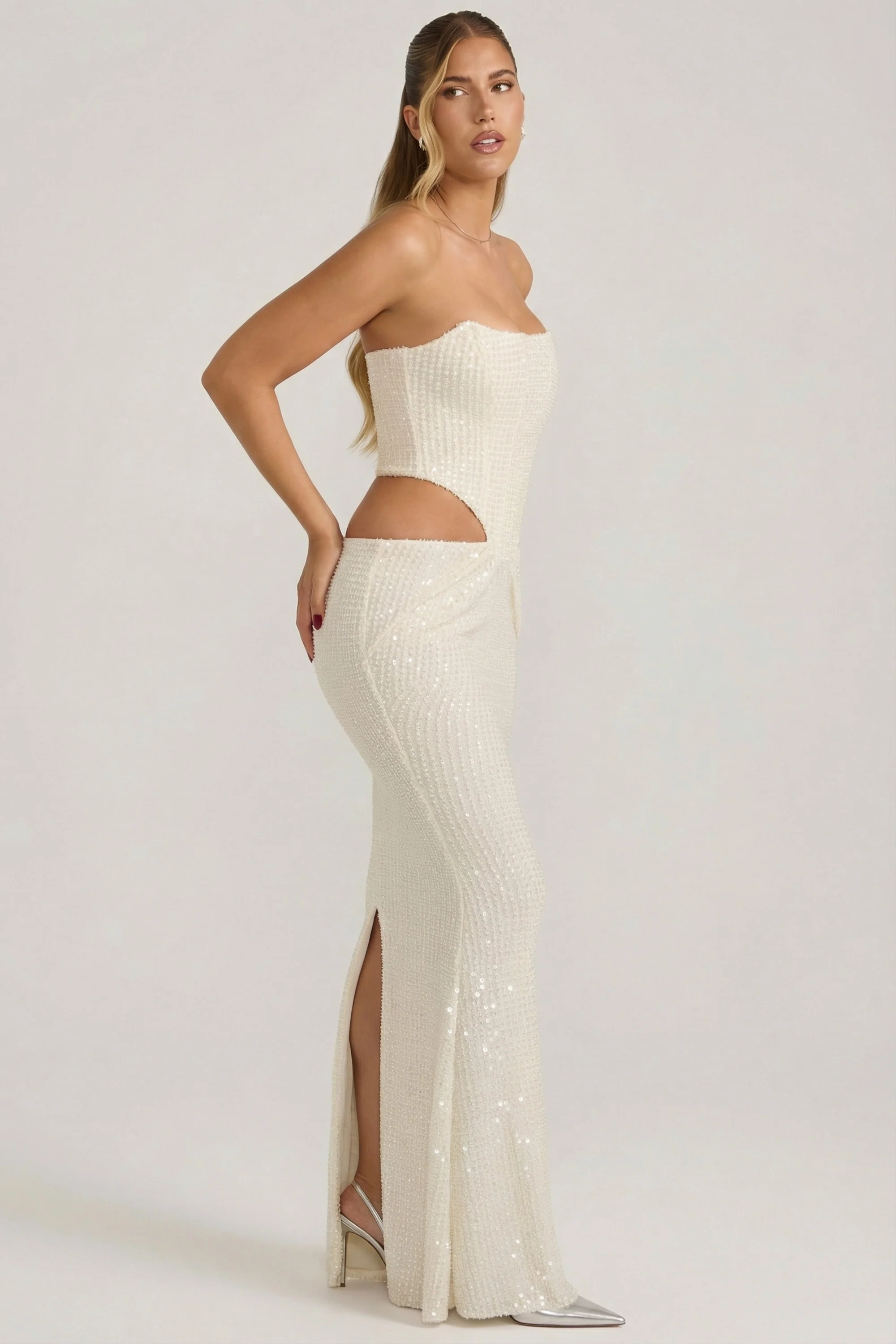 Embellished Cut-Out Draped Corset Gown in White - Image 4