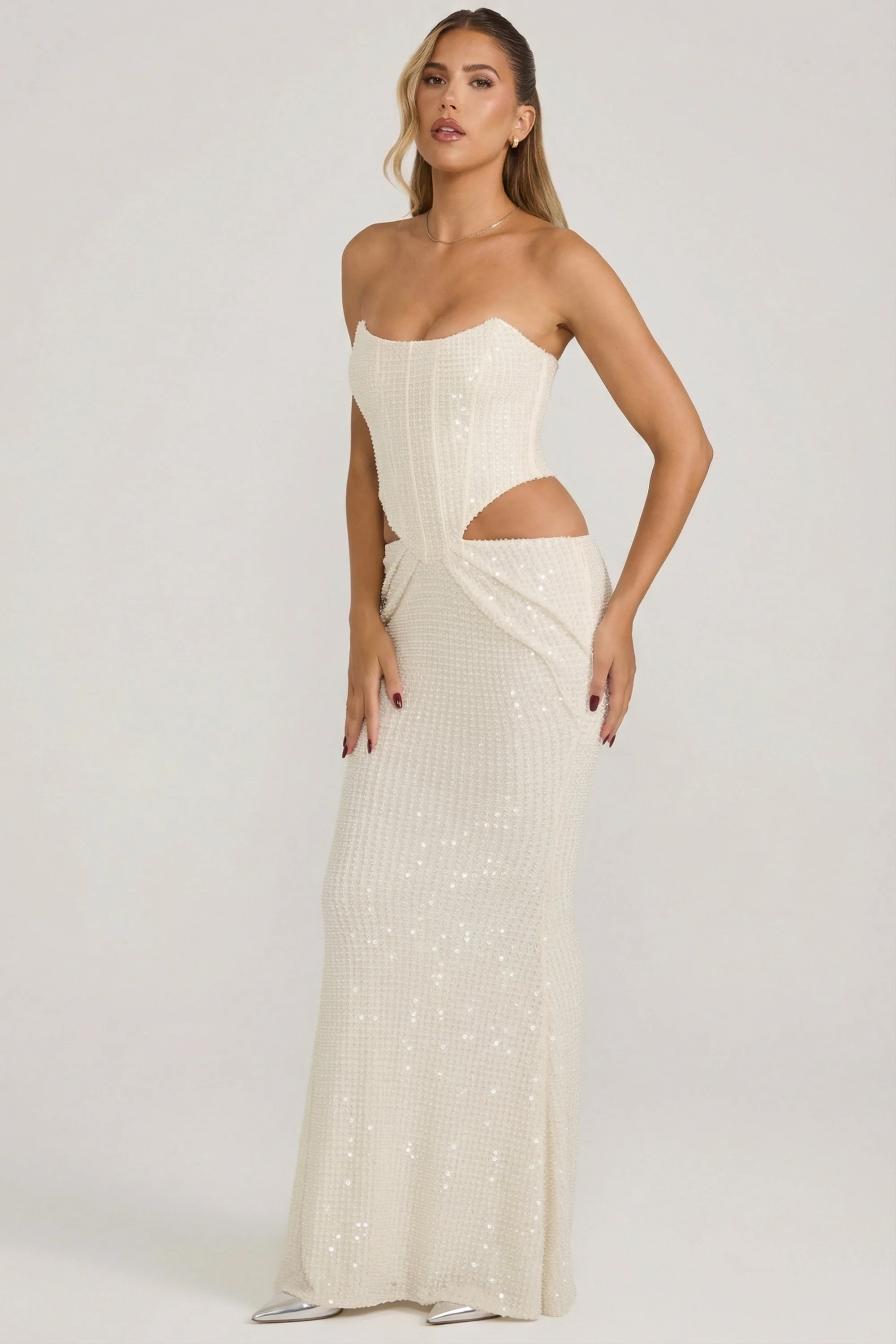 Embellished Cut-Out Draped Corset Gown in White - Image 8