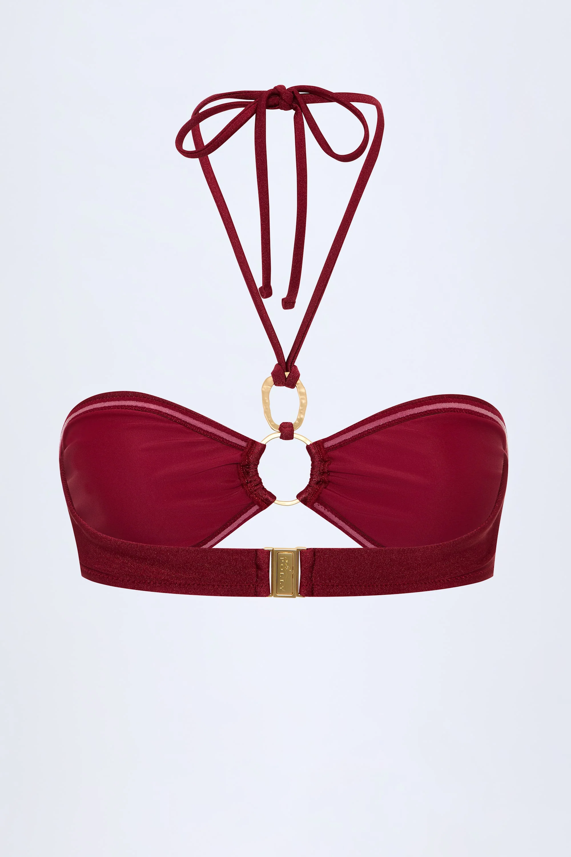 Hardware-Detail Ruched Halterneck Bikini Top in Dark Cherry - Image 4