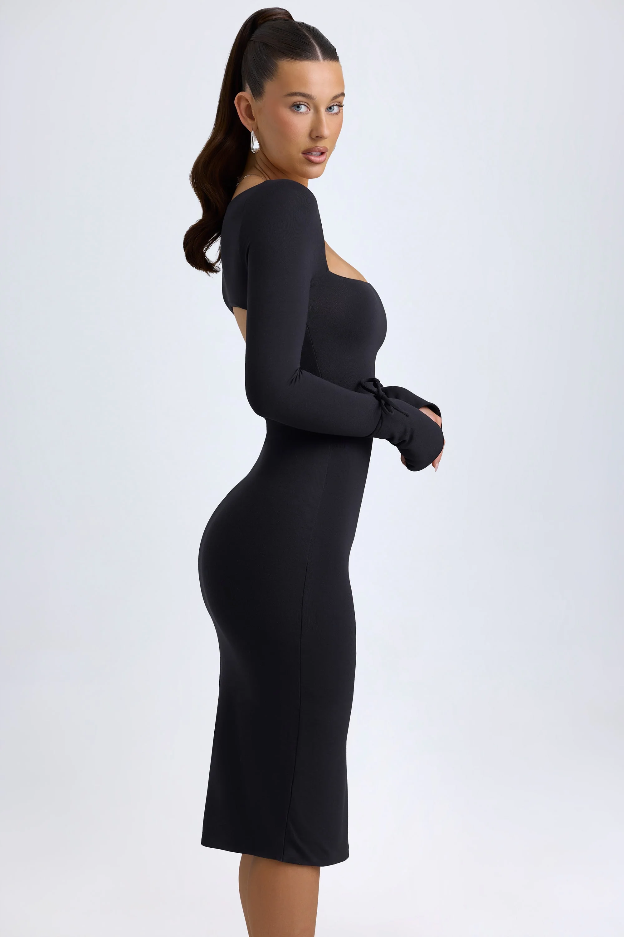 Modal Square-Neck Long-Sleeve Midi Dress in Black - Image 9