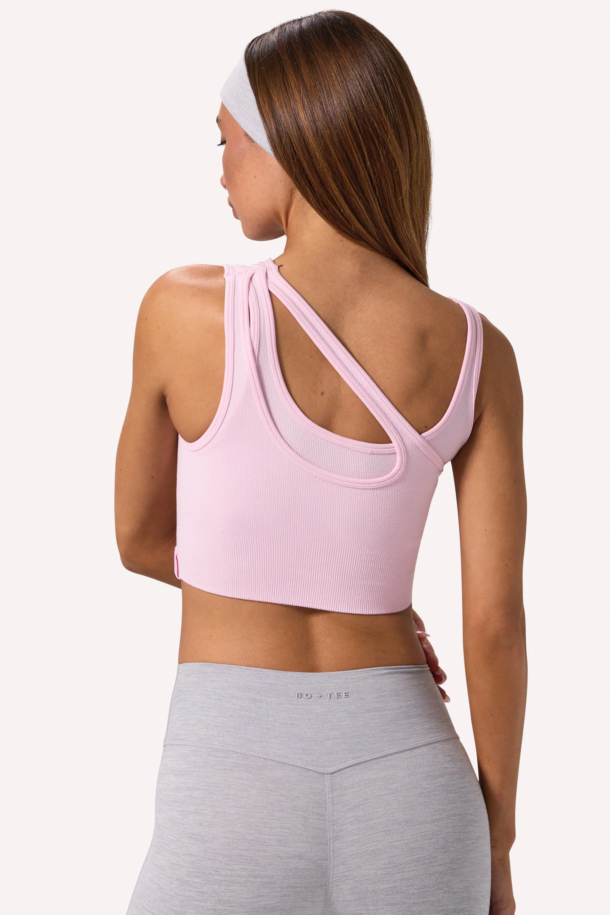 Seamless Soft Rib Asymmetric Sports Bra in Powder Pink - Image 2