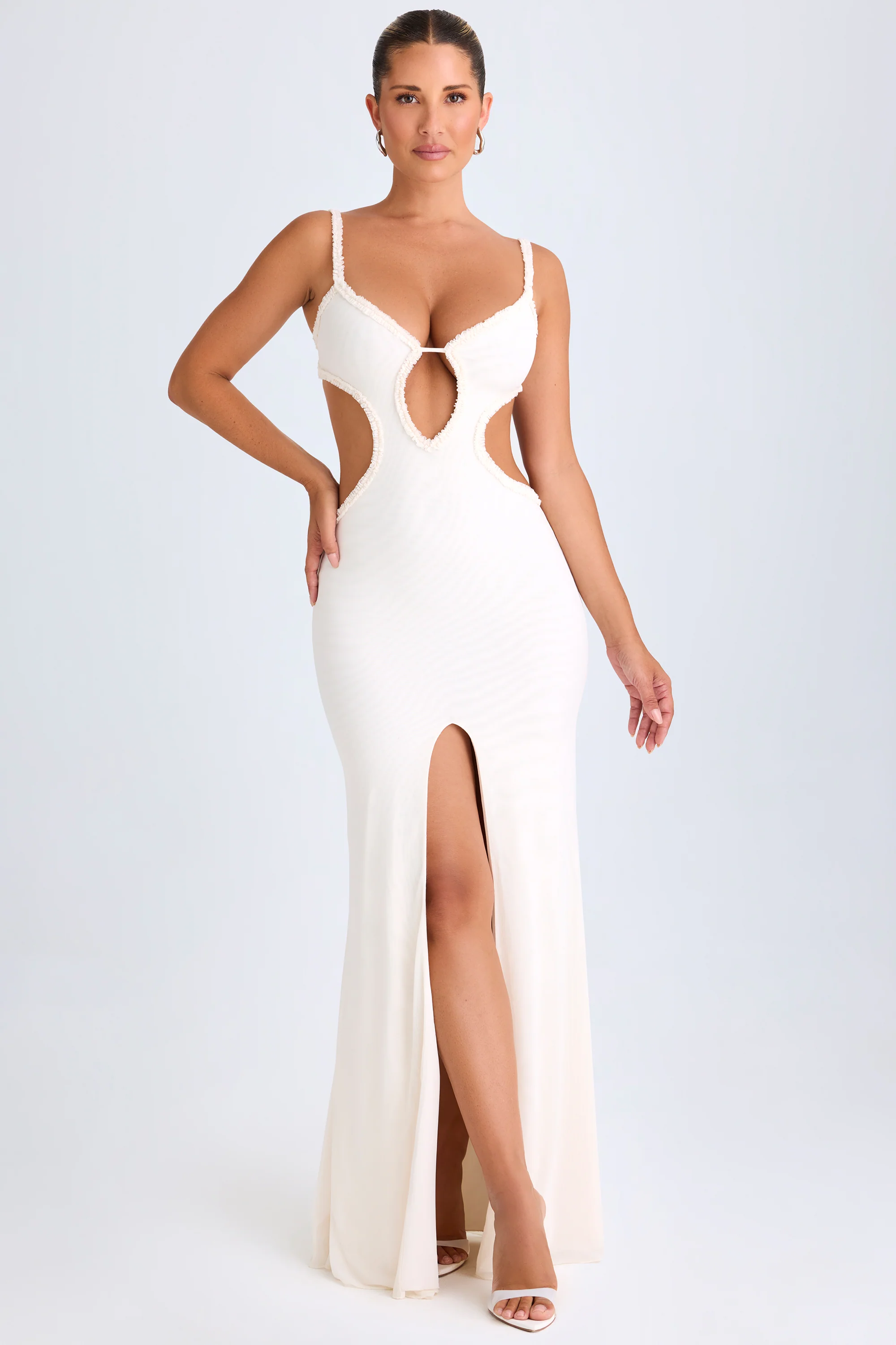 Ruffle-Appliqué Cut-Out Maxi Dress in White - Image 4