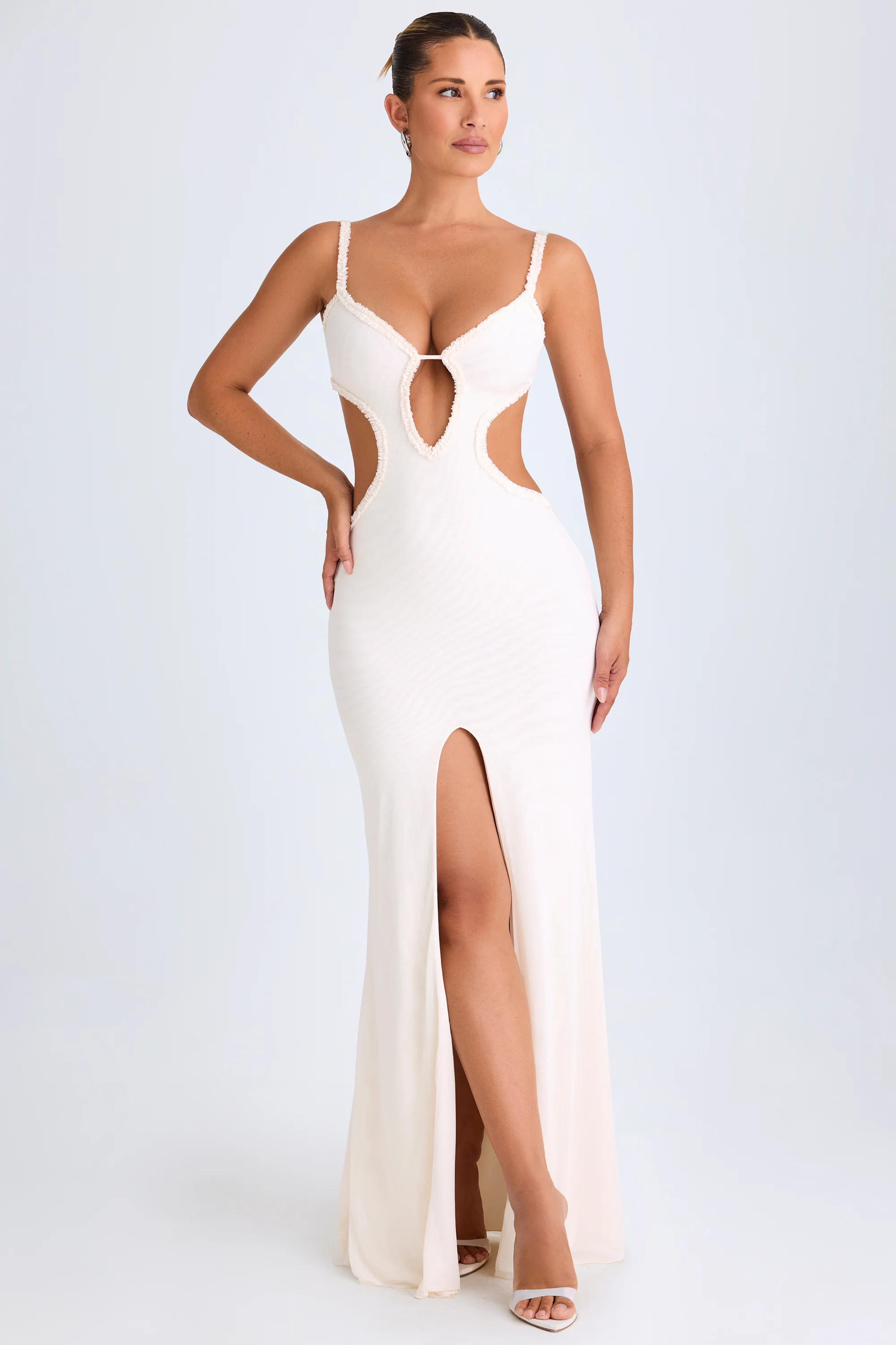 Ruffle-Appliqué Cut-Out Maxi Dress in White - Image 7