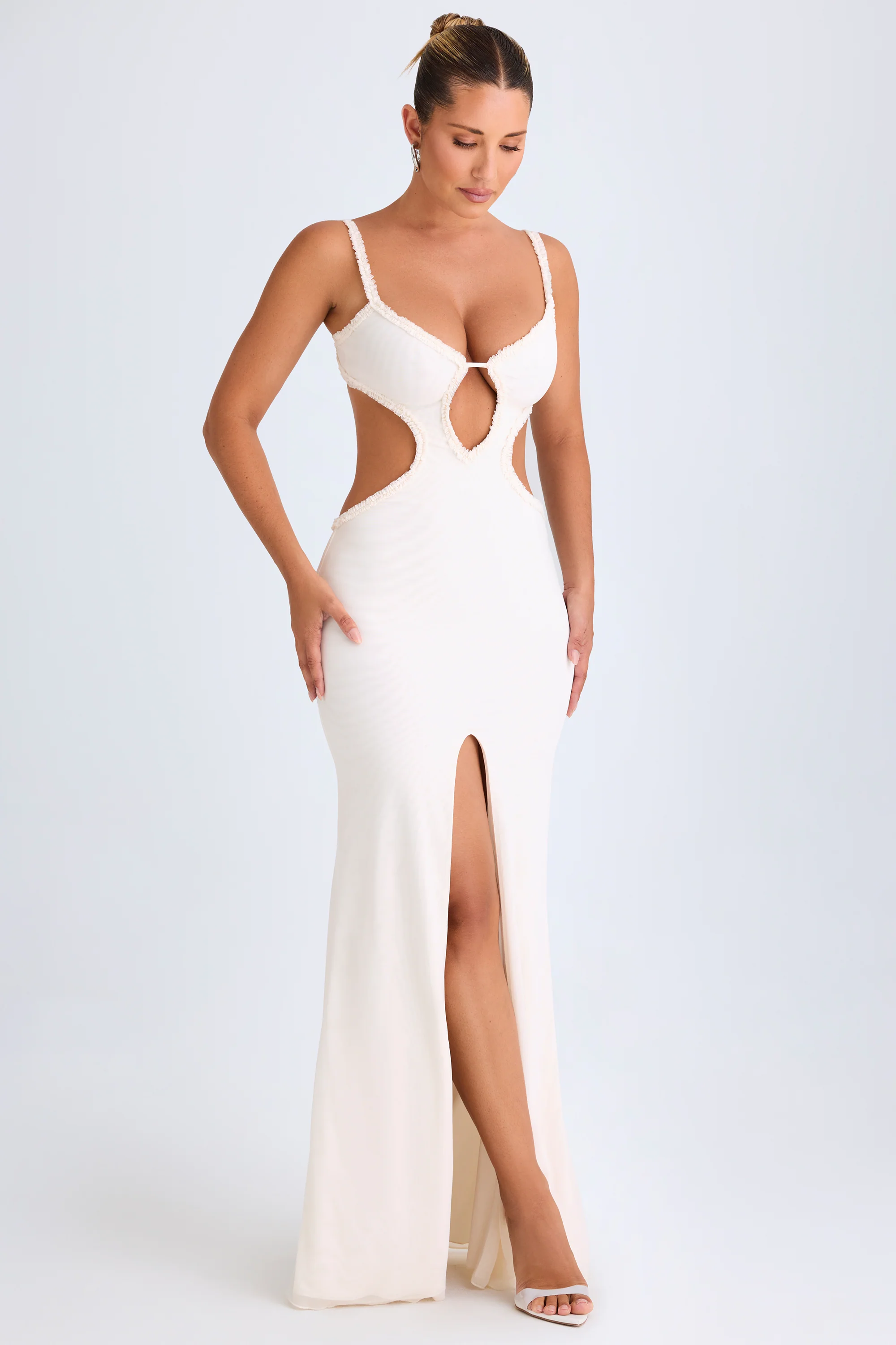 Ruffle-Appliqué Cut-Out Maxi Dress in White - Image 8