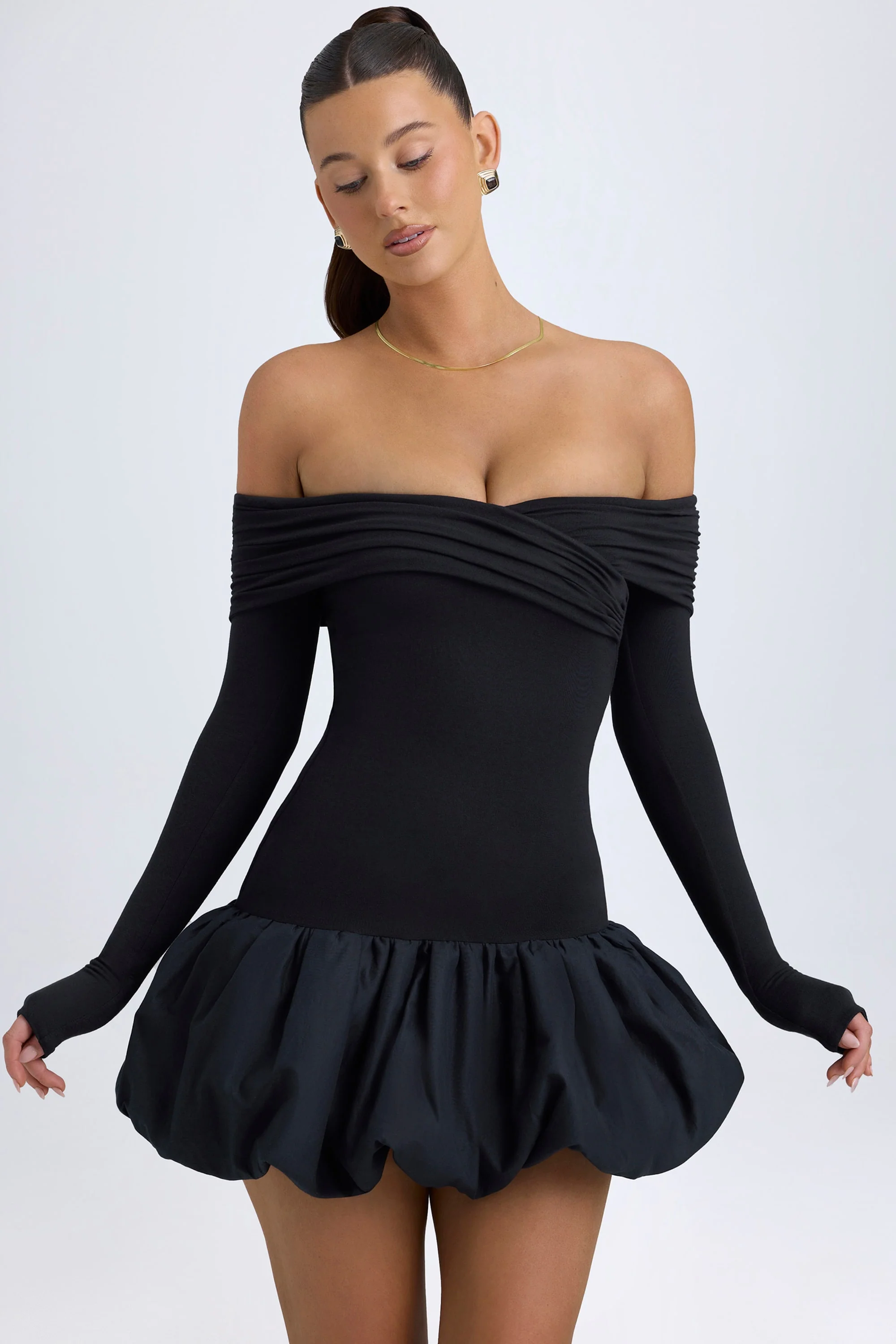 Modal Off-Shoulder Bubble Hem Mini Dress in Black - Image 5