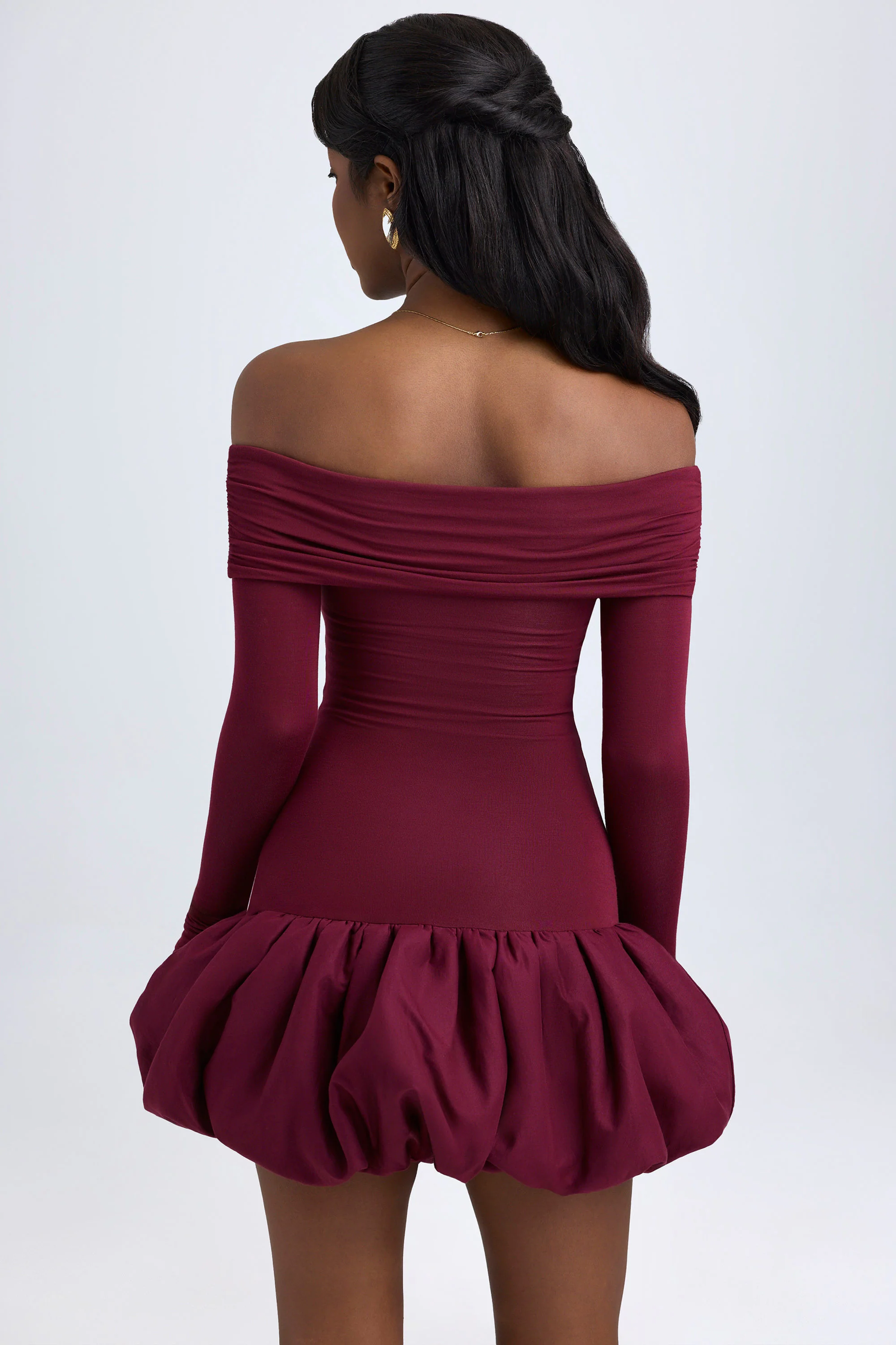 Modal Off-Shoulder Bubble Hem Mini Dress in Wine Red - Image 3