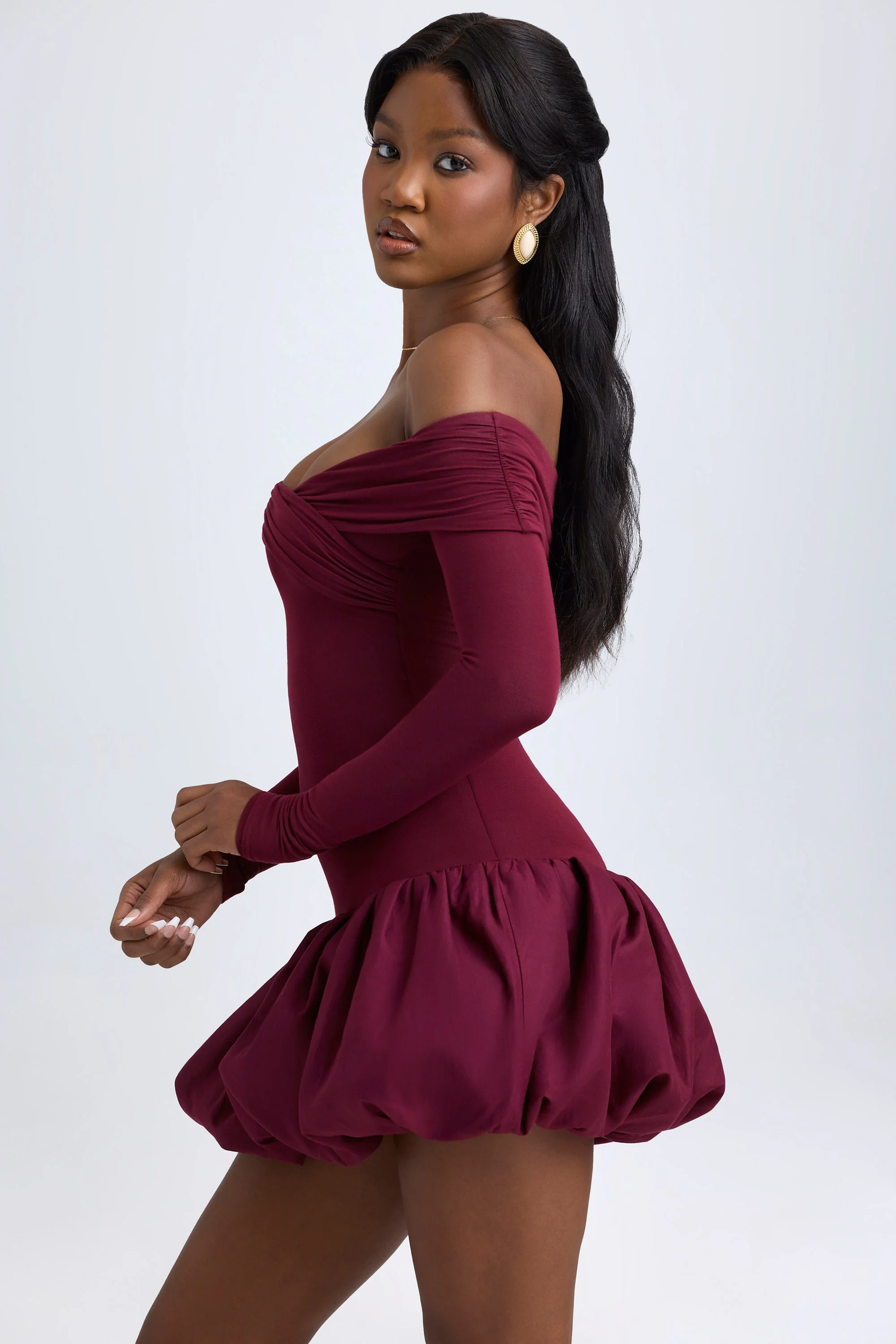 Modal Off-Shoulder Bubble Hem Mini Dress in Wine Red - Image 4