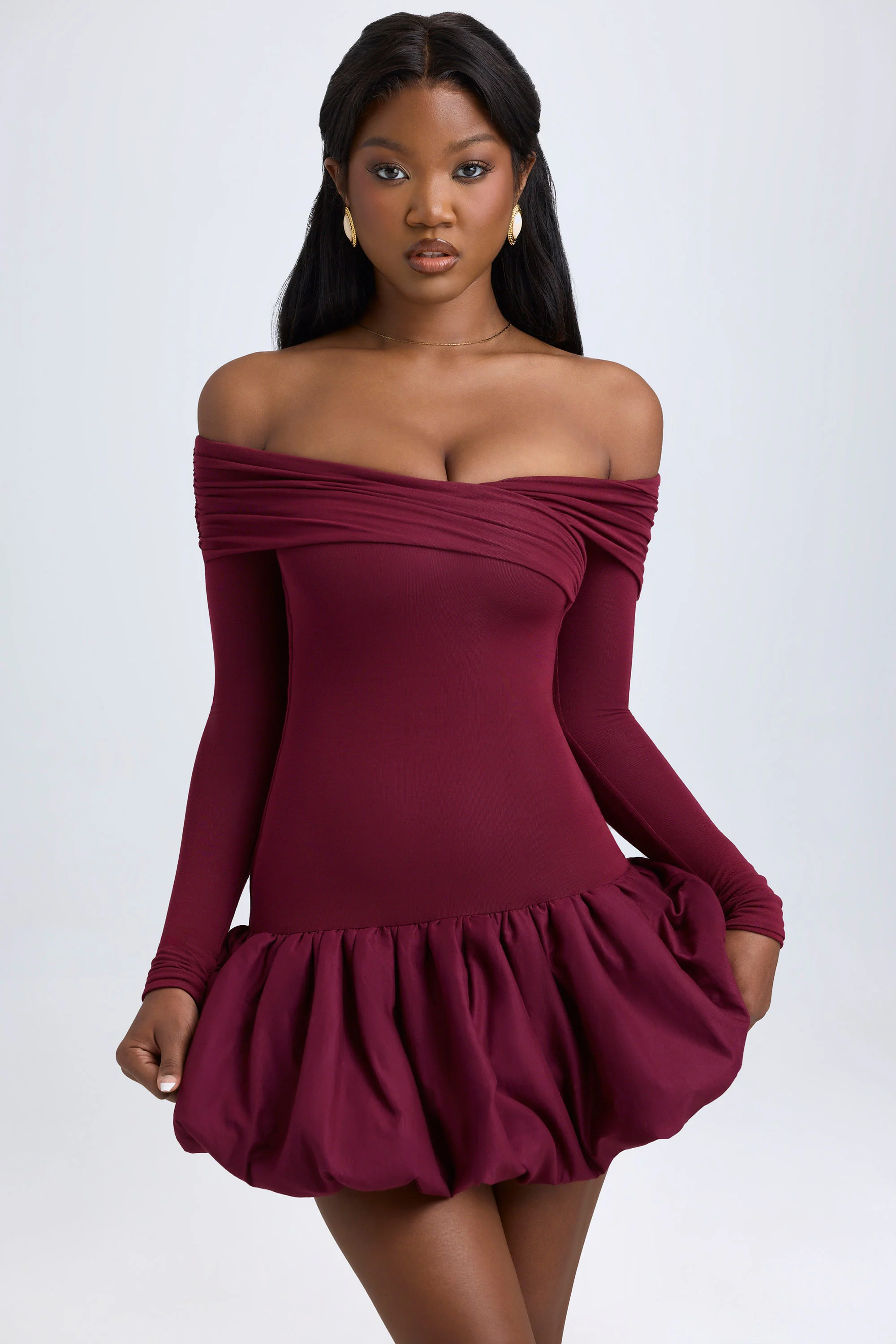Modal Off-Shoulder Bubble Hem Mini Dress in Wine Red - Image 8