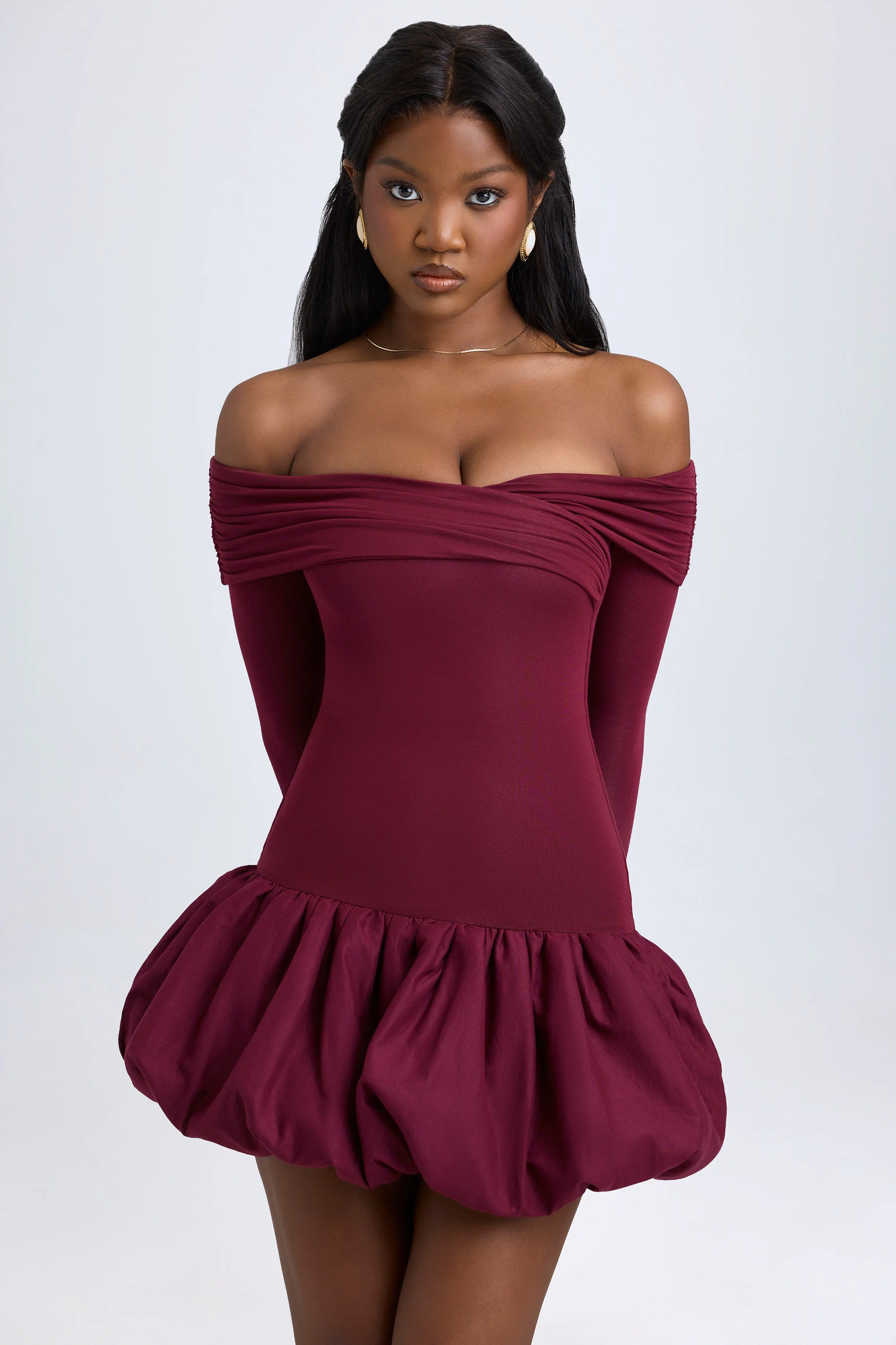 Modal Off-Shoulder Bubble Hem Mini Dress in Wine Red - Image 9