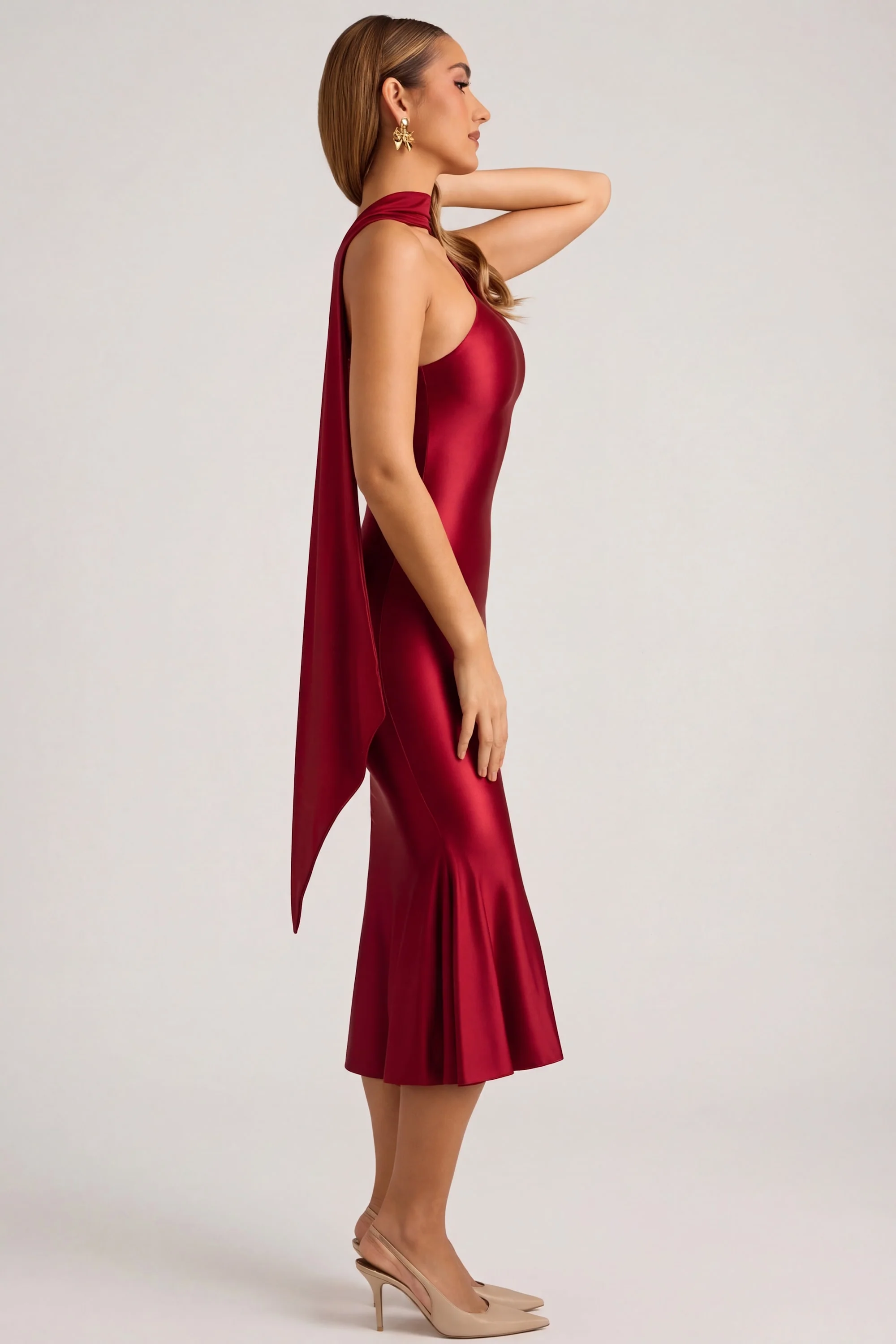 Asymmetric Scarf-Detail Midaxi Dress in True Red - Image 4