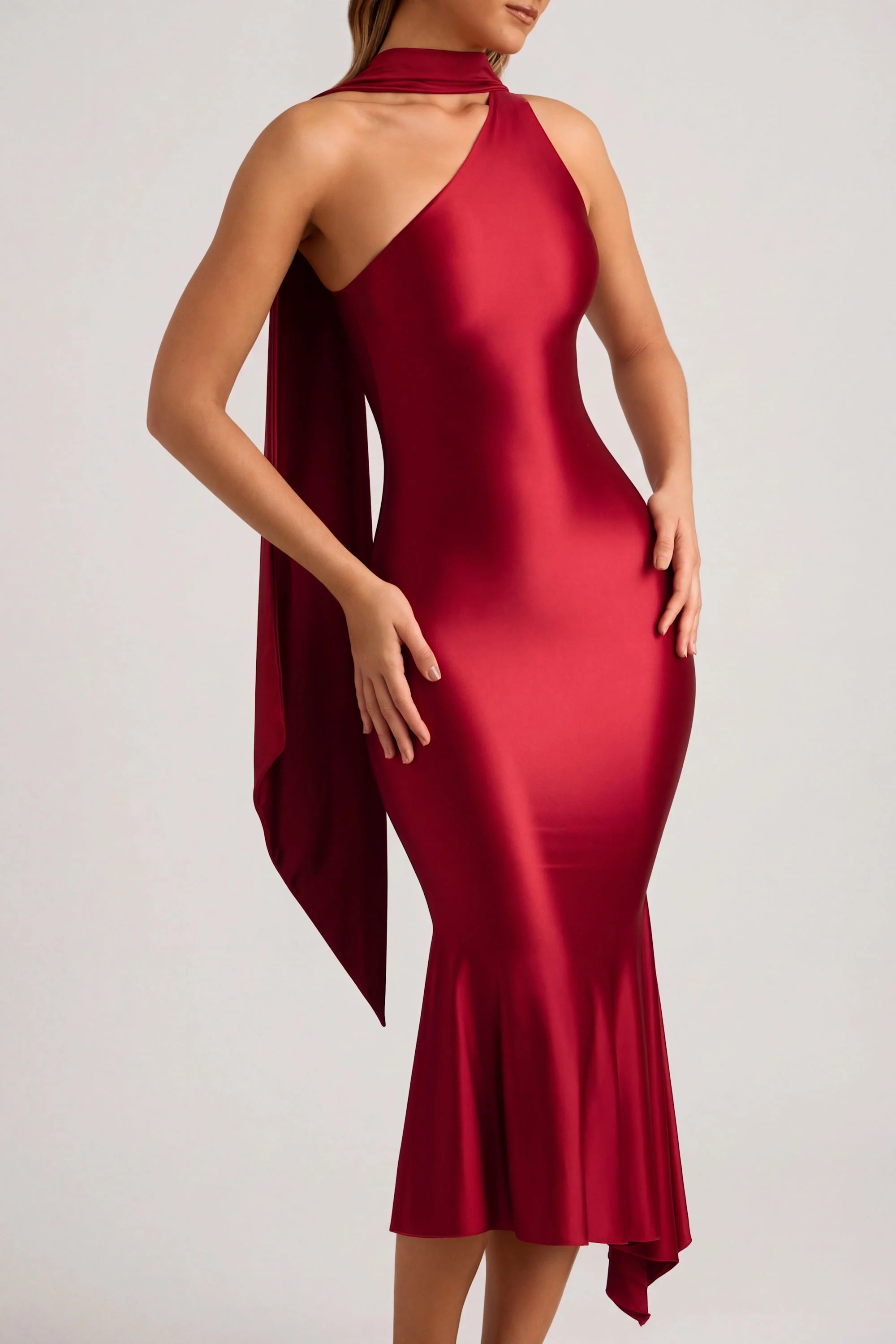 Asymmetric Scarf-Detail Midaxi Dress in True Red - Image 5