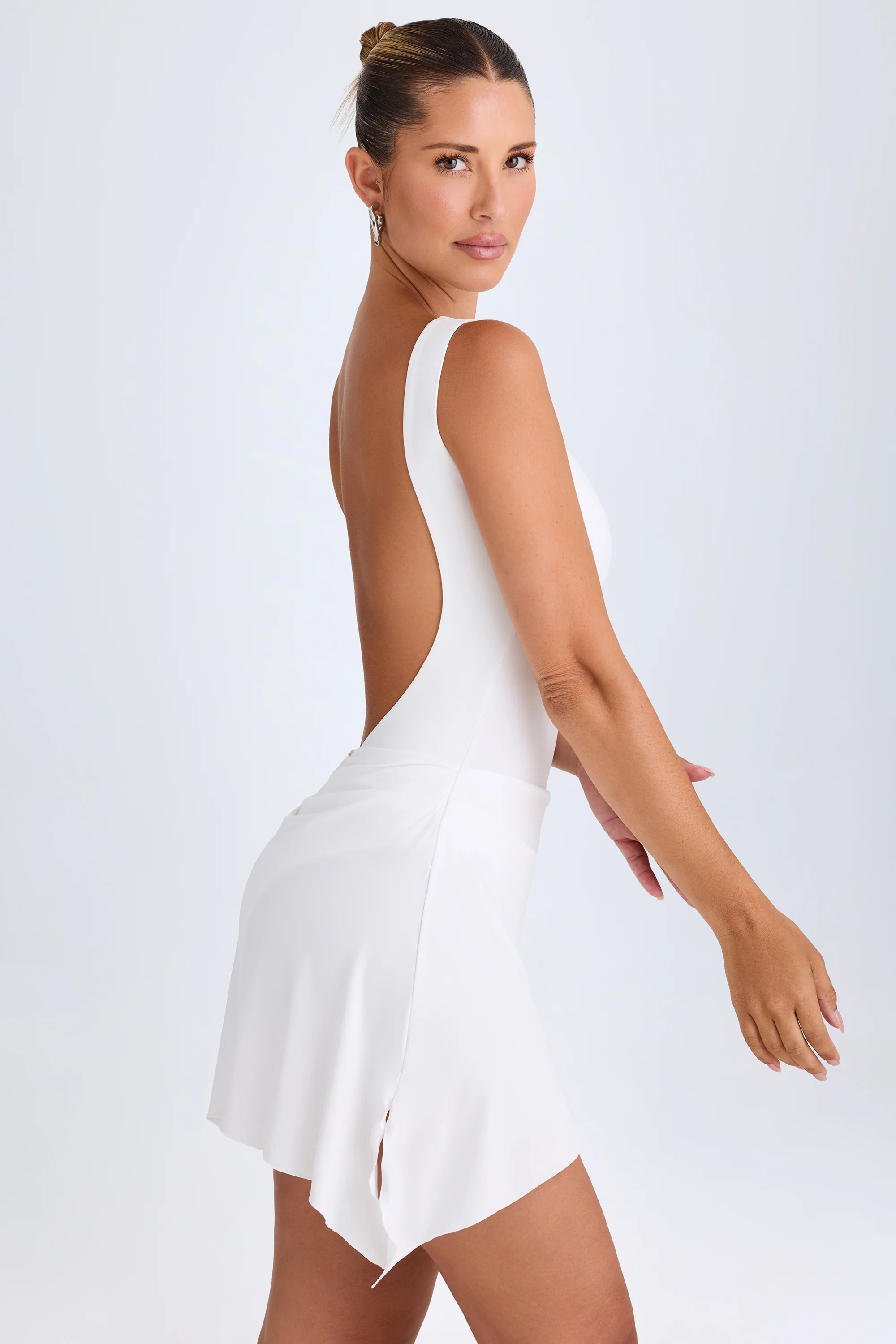 Draped Open-Back Mini Dress in White - Image 3