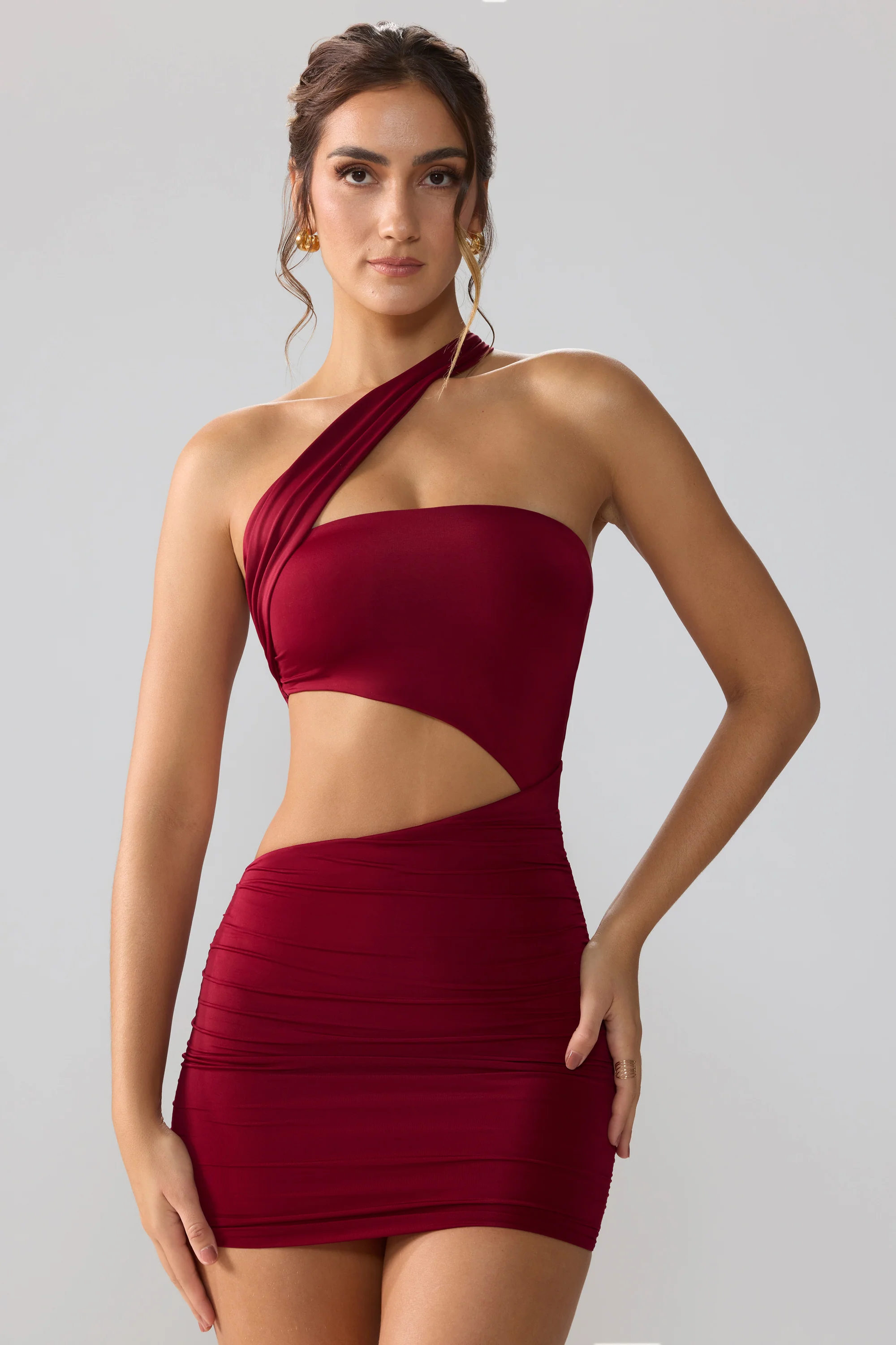 Slinky Jersey Ruched Cut Out Mini Dress in Ruby - Image 6