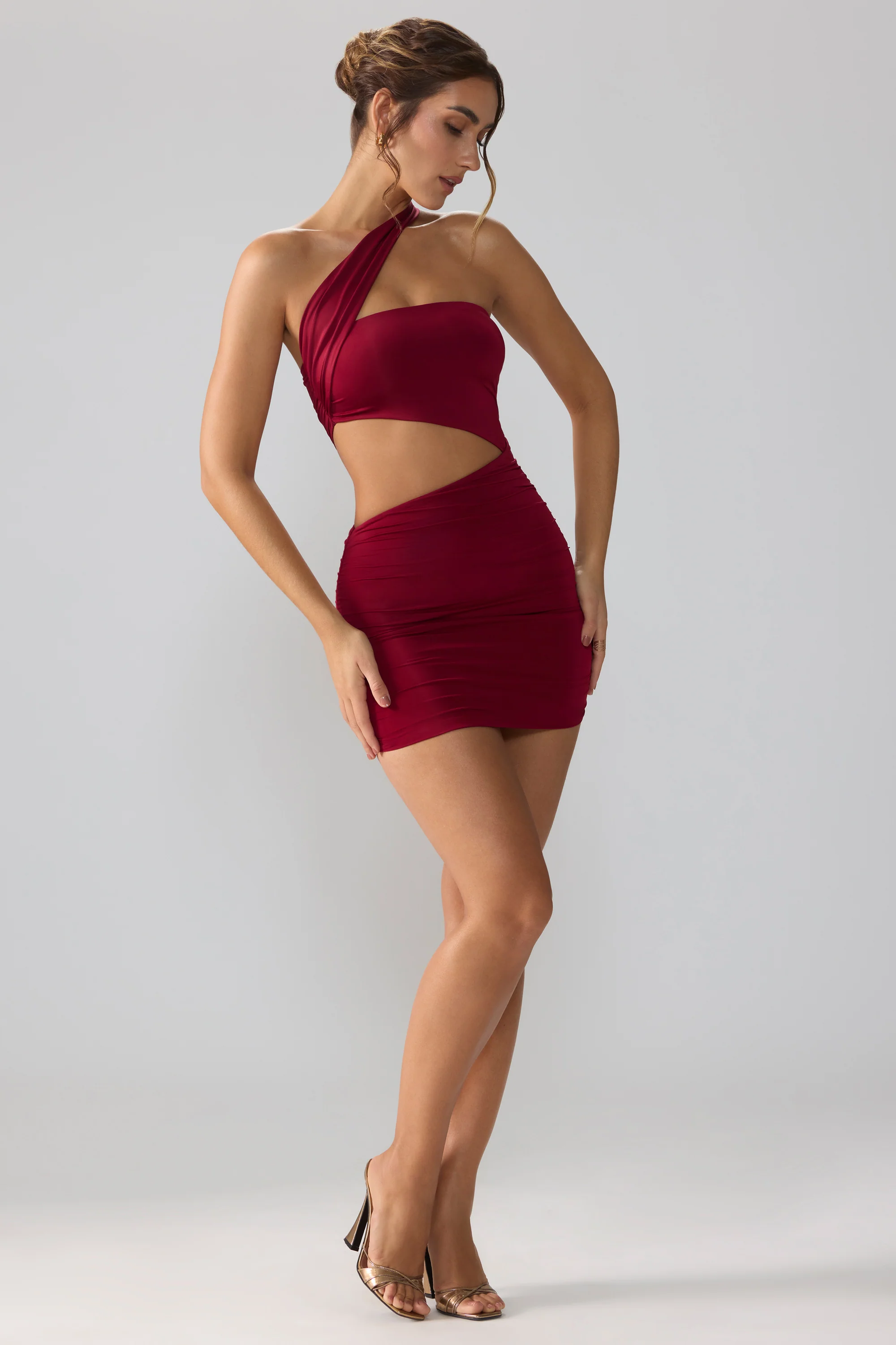 Slinky Jersey Ruched Cut Out Mini Dress in Ruby - Image 9