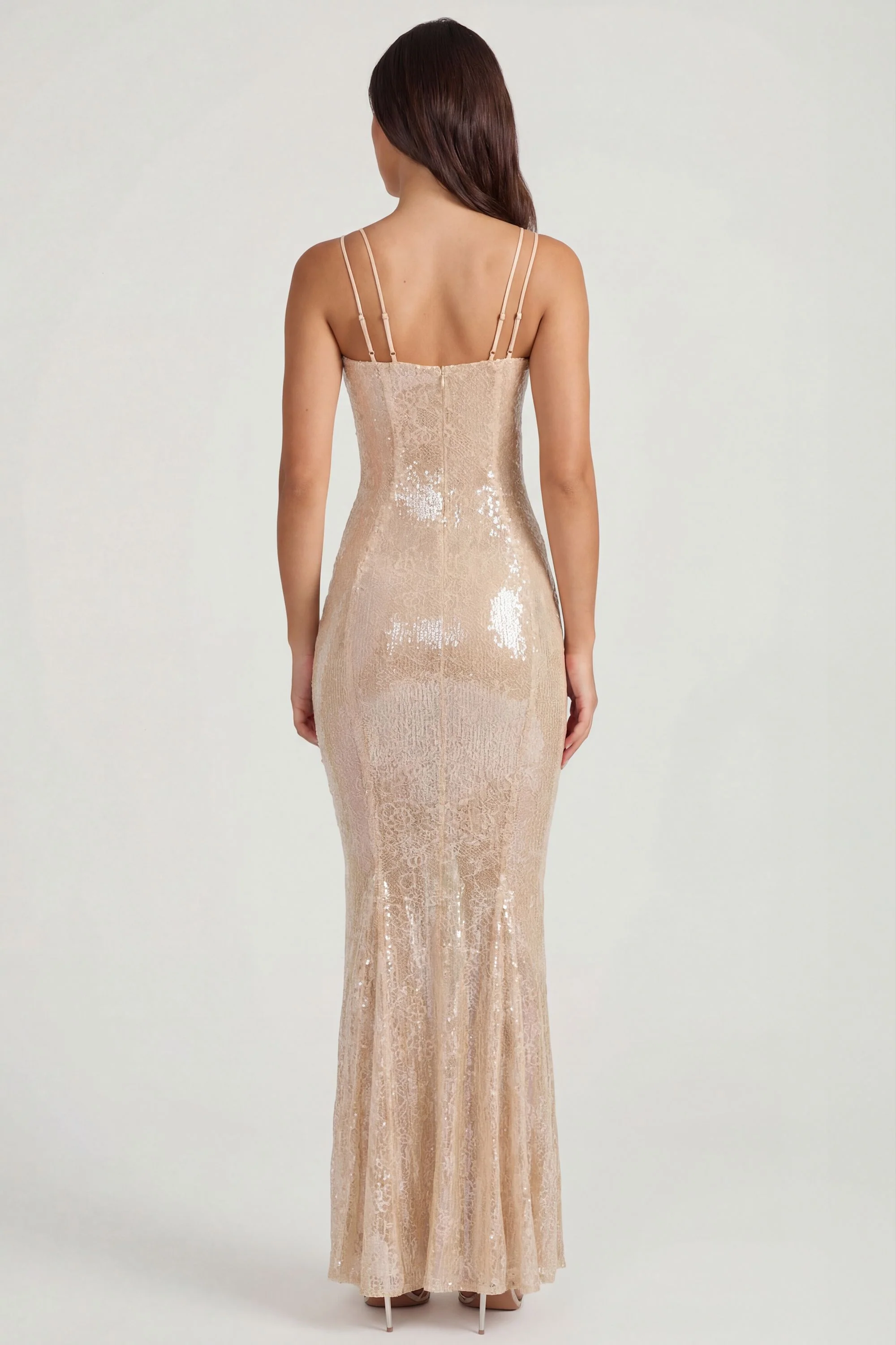 Embellished Square Neck Lace Gown in Pale Peach - Image 2