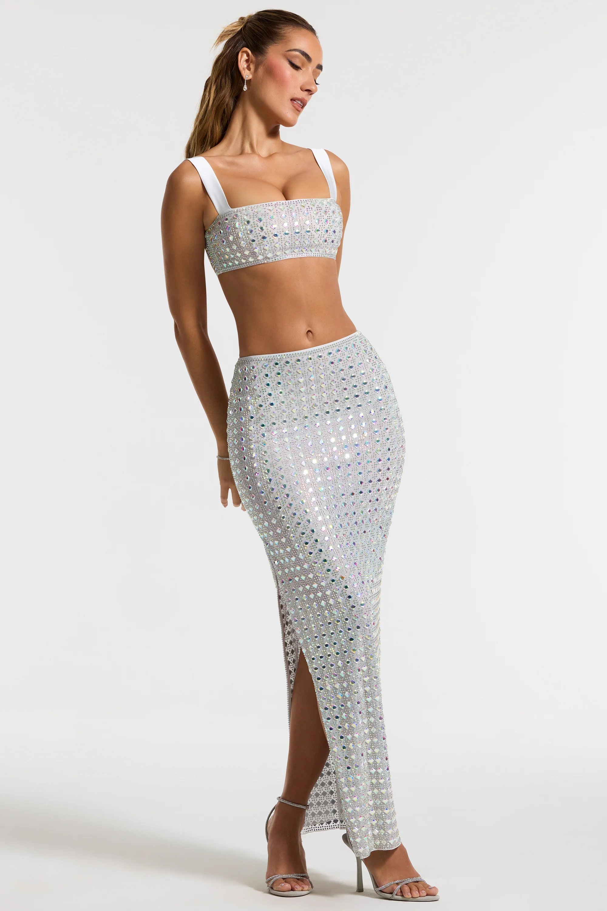 Embellished Mid Rise Gown Skirt in Silver - Image 6