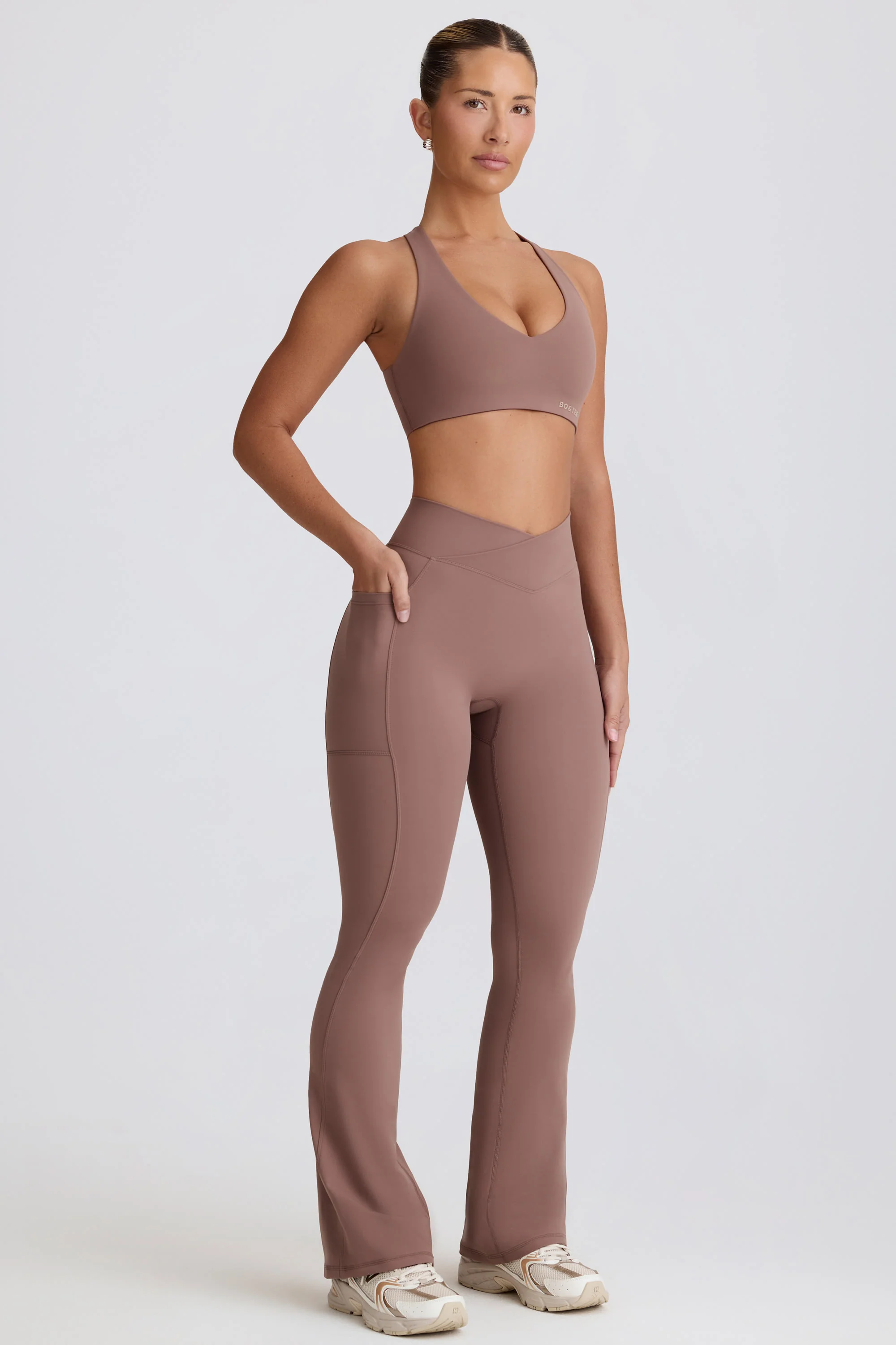 Soft Active V-Waist Pocket Flared Leggings in Mocha - Image 3
