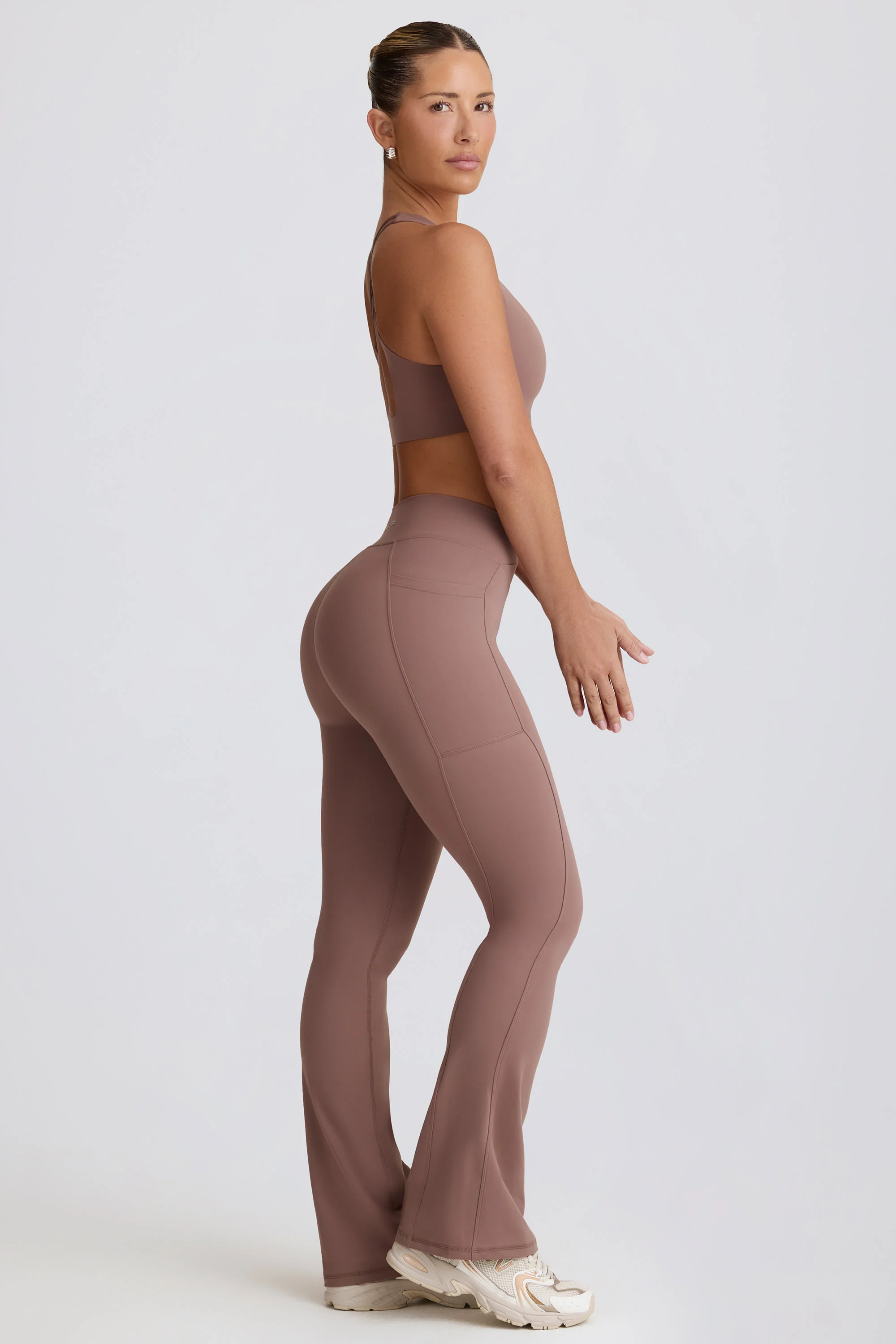 Soft Active V-Waist Pocket Flared Leggings in Mocha - Image 4