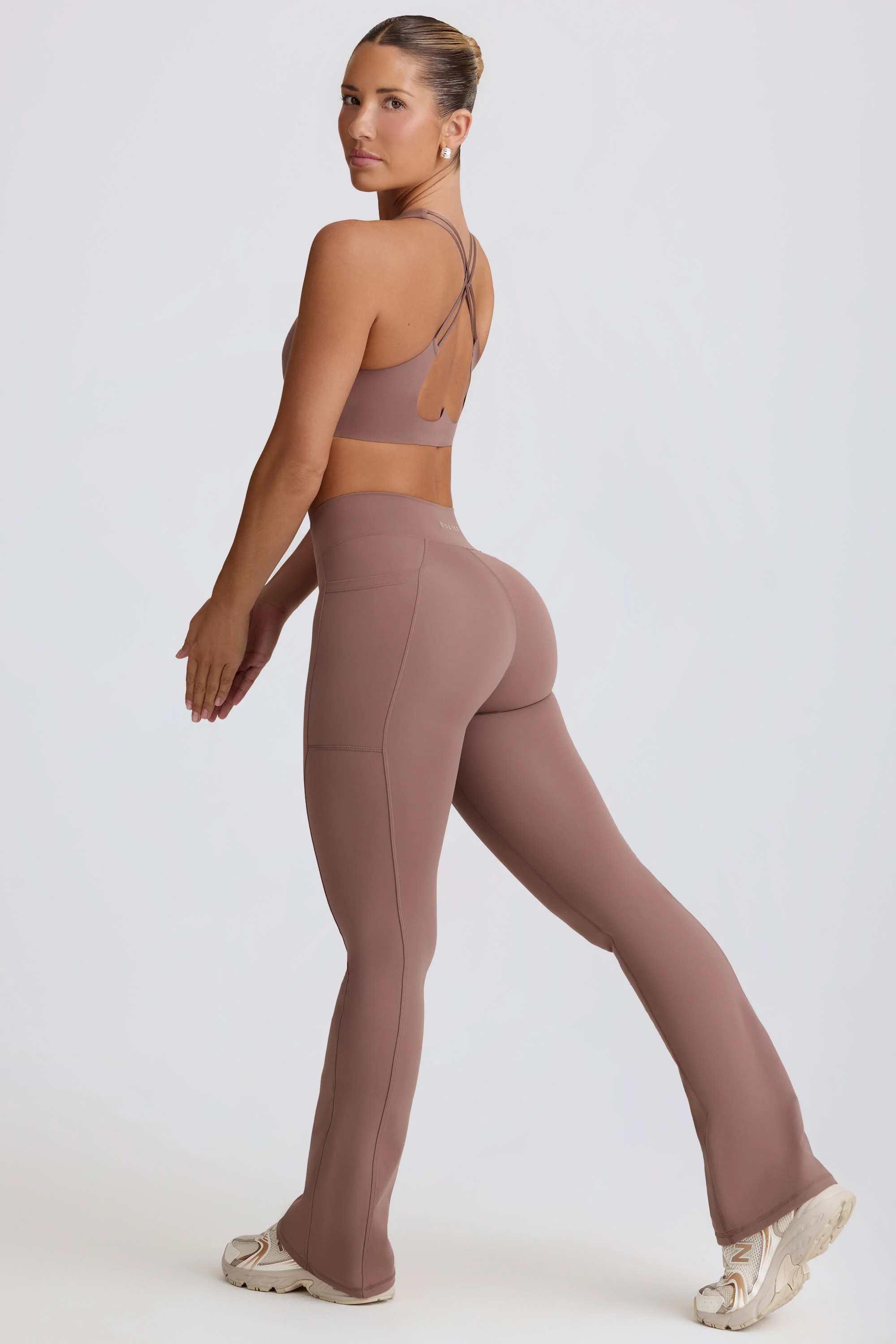 Soft Active V-Waist Pocket Flared Leggings in Mocha - Image 7