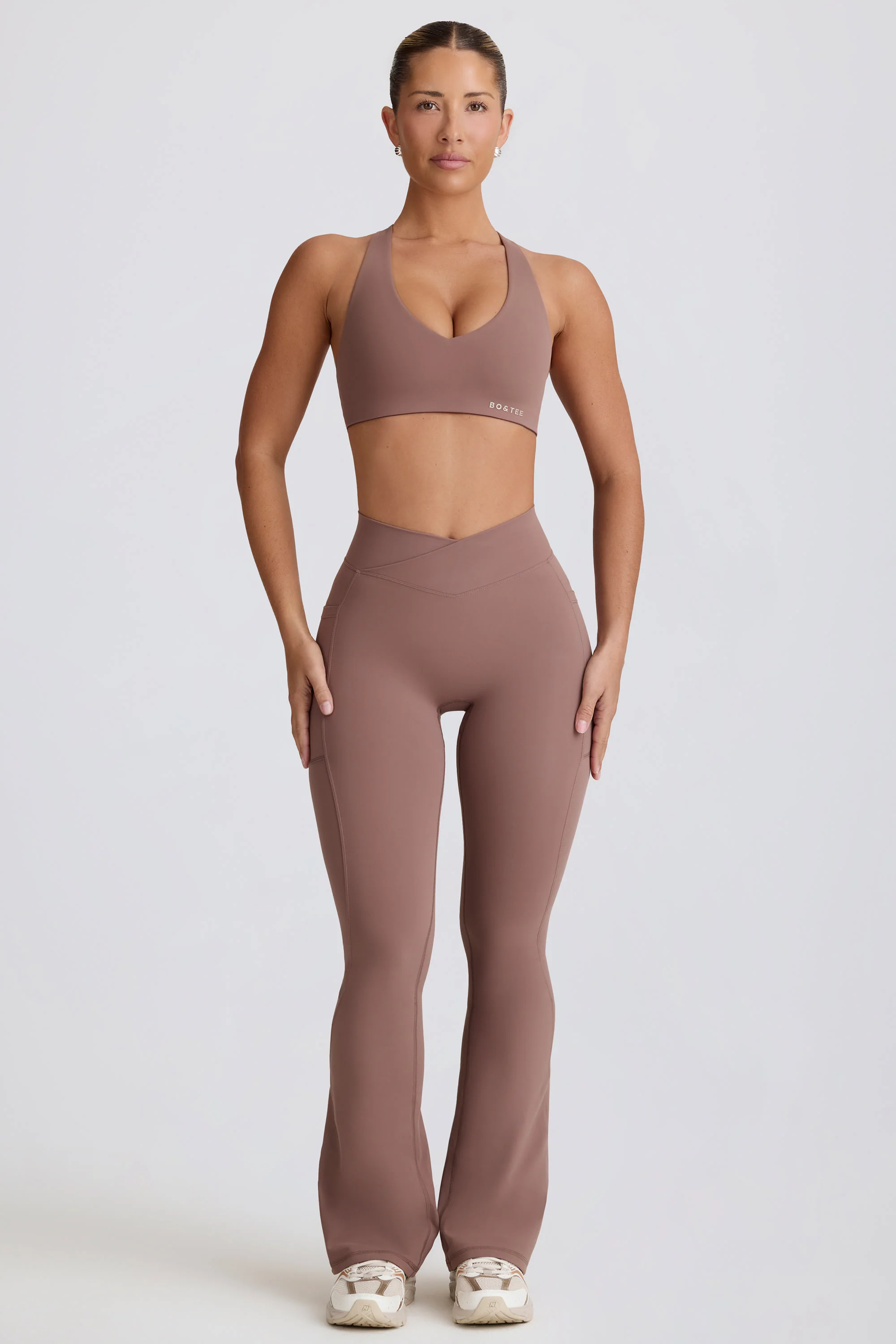 Soft Active V-Waist Pocket Flared Leggings in Mocha - Image 9