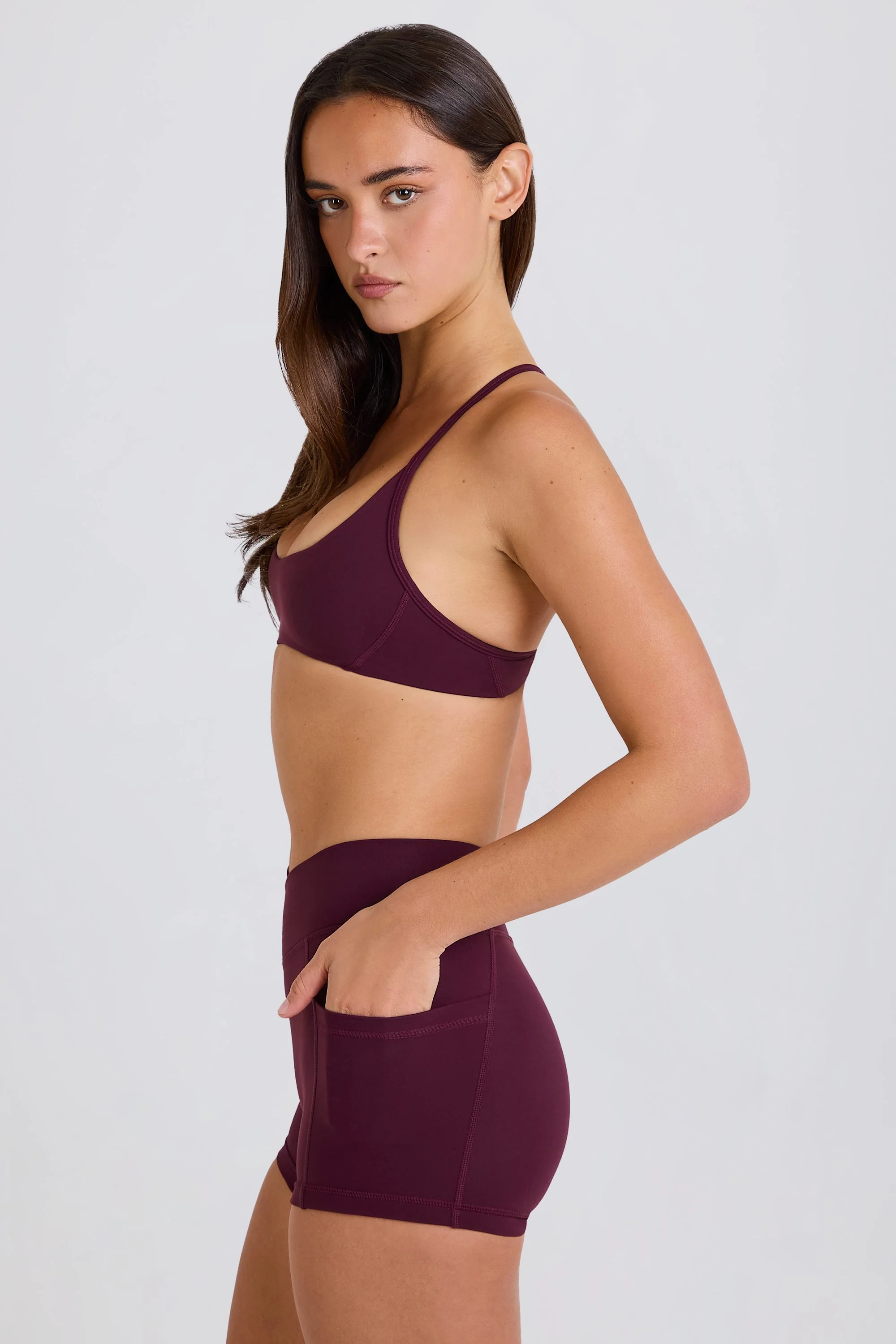 Soft Active V-Waist Pocket Mini Shorts in Burgundy - Image 3