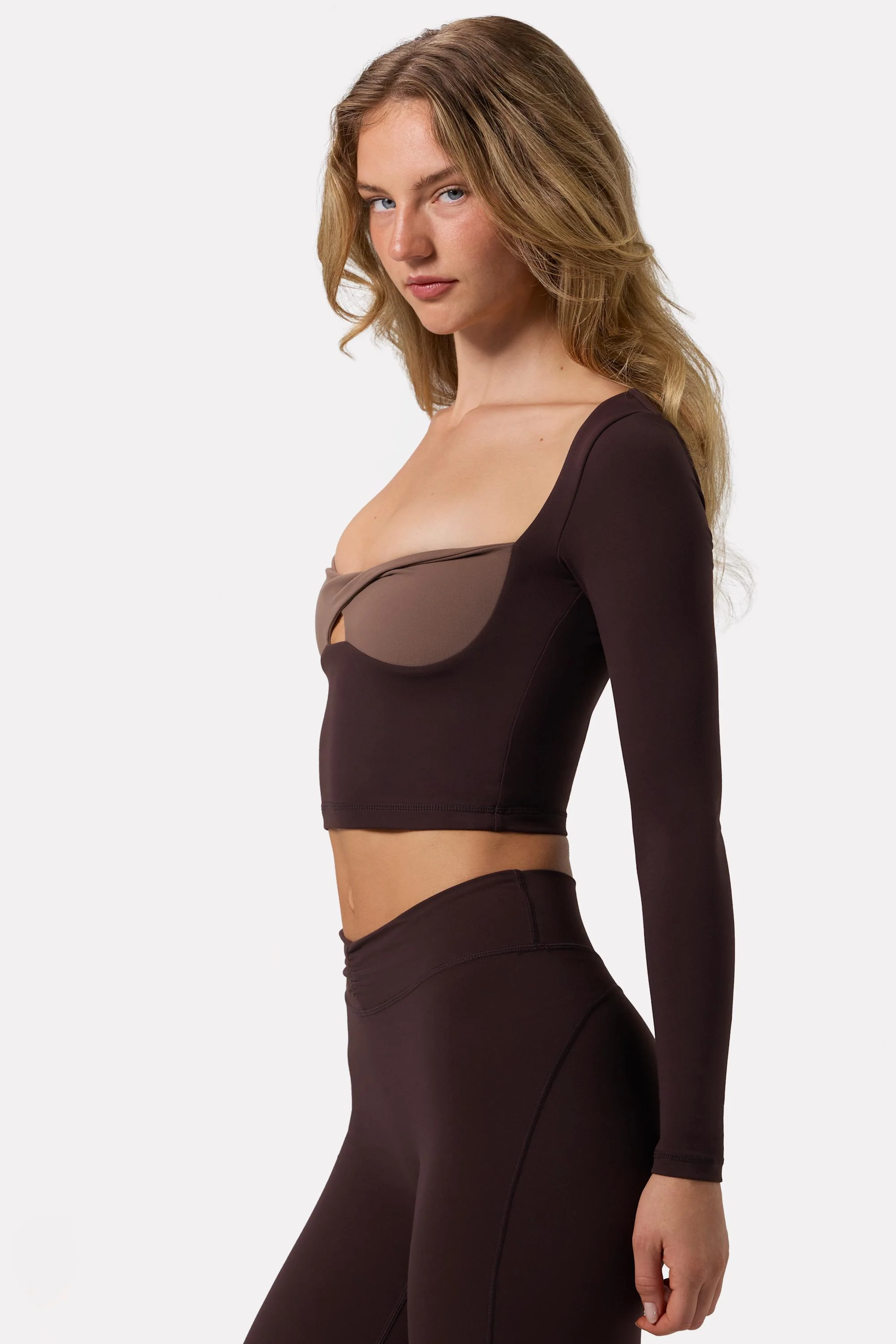 Soft Active Twist-Front Crop Top in Espresso - Image 3