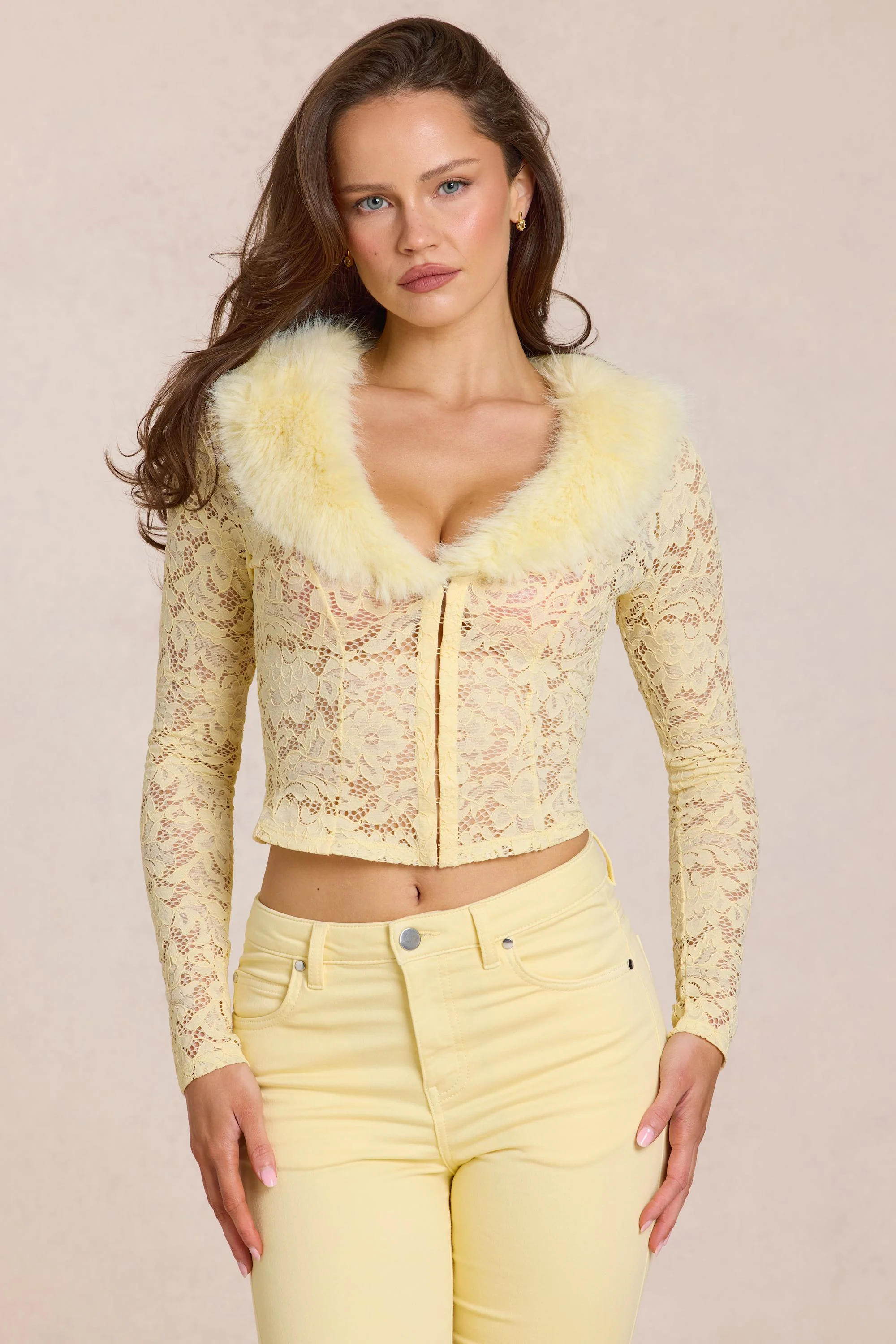 Lace Faux-Fur-Trim Cardigan in Lemon Yellow