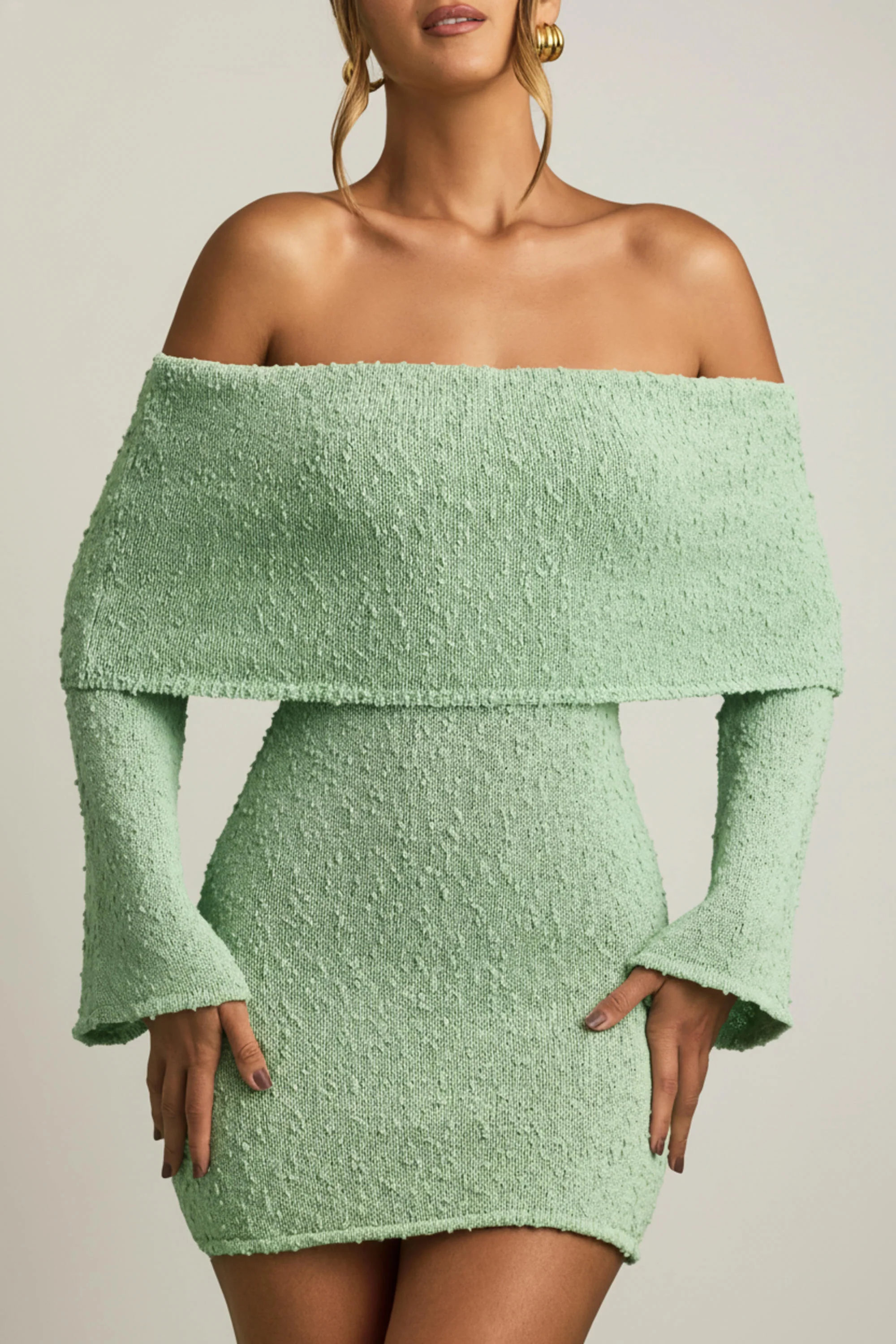 Bouclé Off-Shoulder Mini Dress in Mint - Image 3