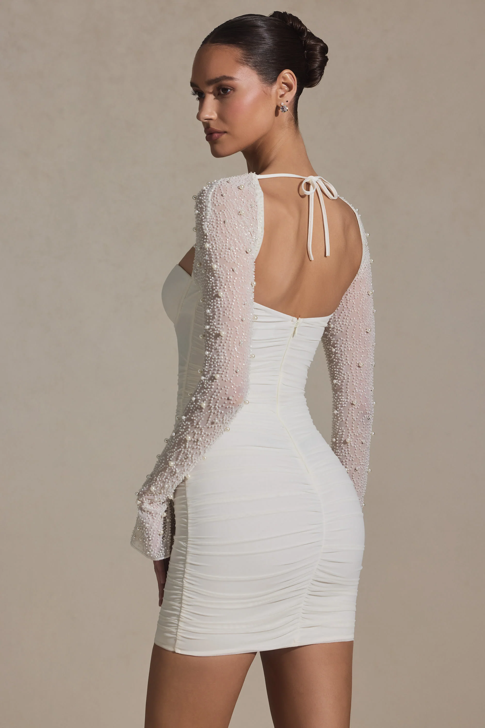 Embellished Long-Sleeve Mini Dress in White - Image 7
