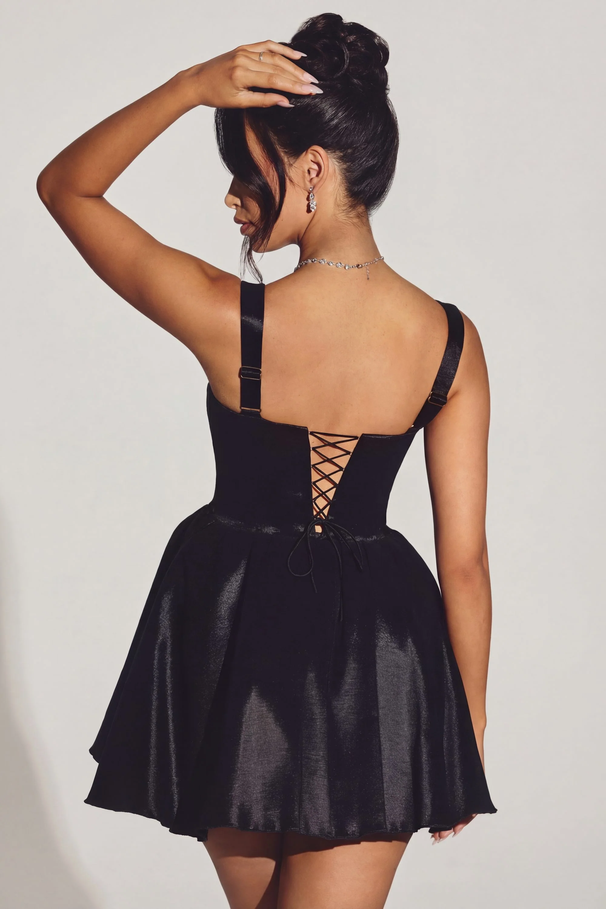 Woven Taffeta Corset Mini Dress in Jet Black - Image 7