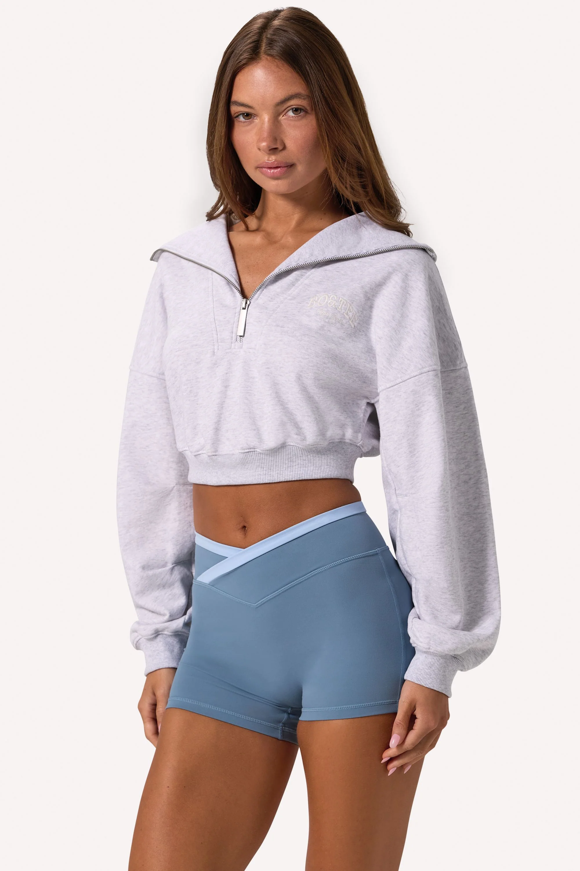 Quarter-Zip Cropped Sweatshirt in Grey Marl - Image 3