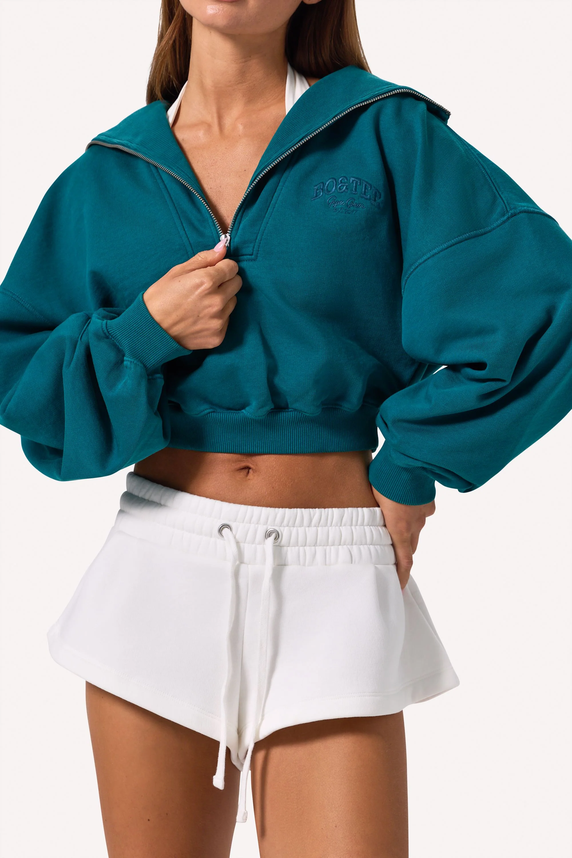 Quarter-Zip Cropped Sweatshirt in Teal - Image 3