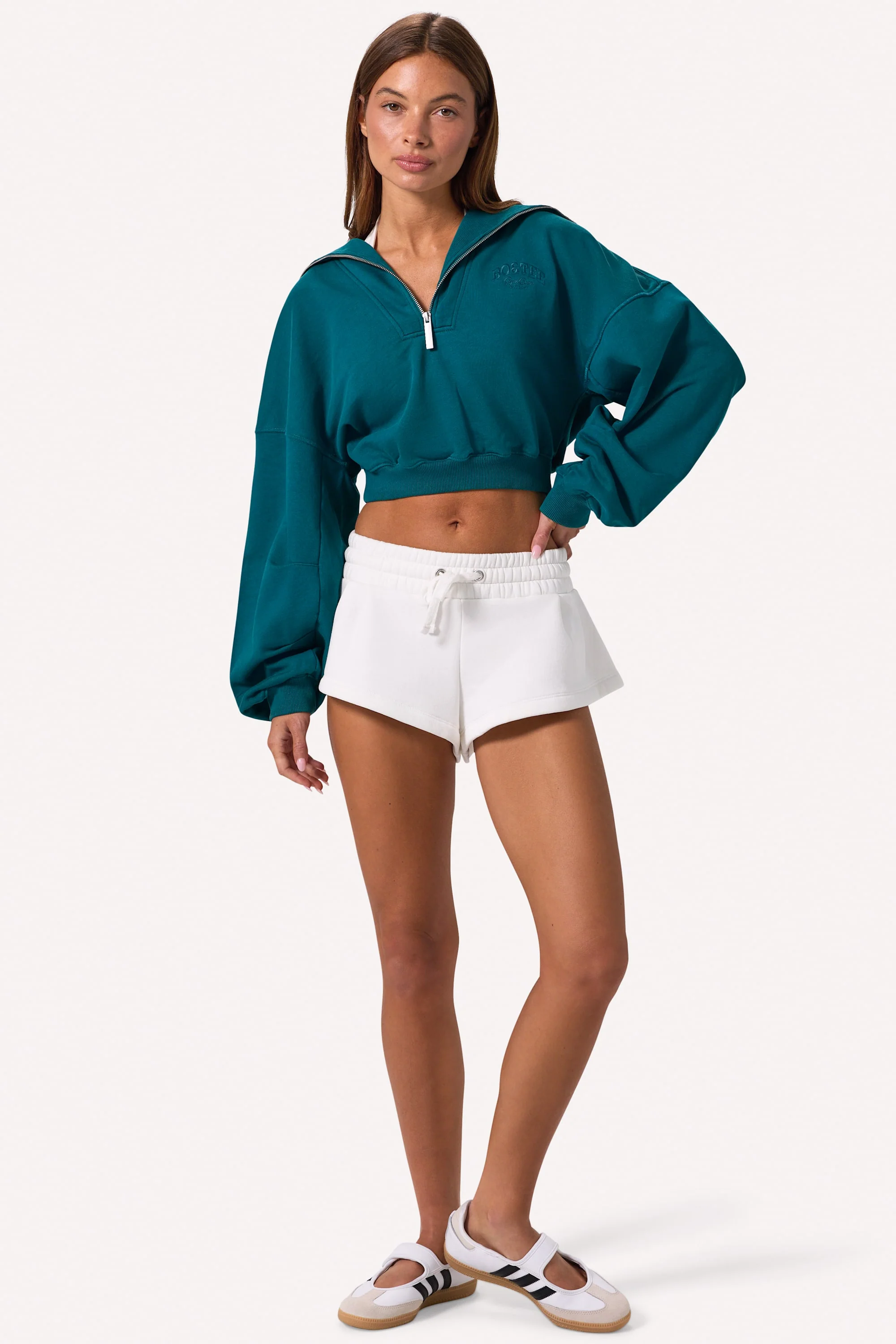Quarter-Zip Cropped Sweatshirt in Teal - Image 4
