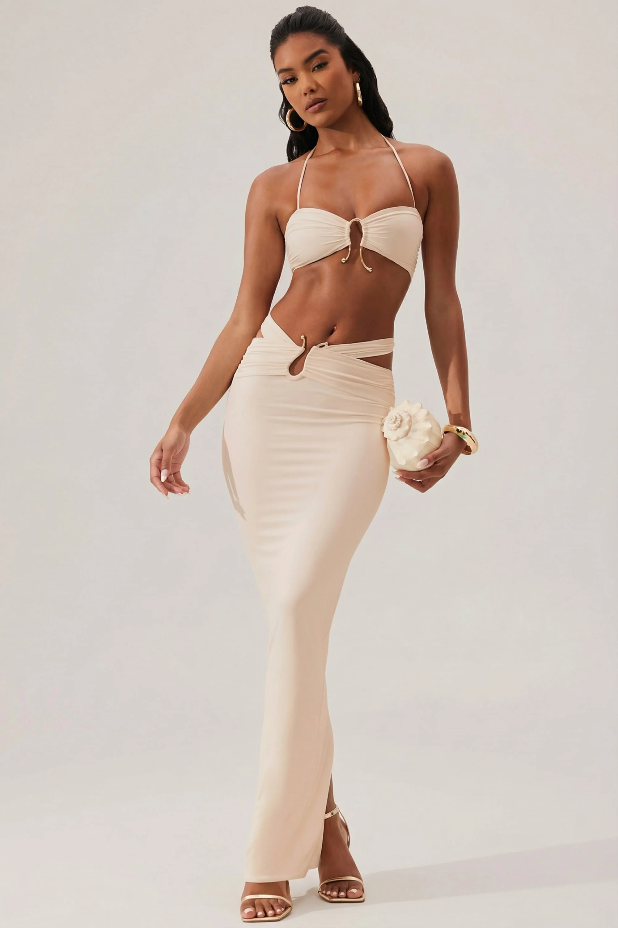 Ruched Waist Hardware Detail Maxi Skirt in Ivory - Image 11