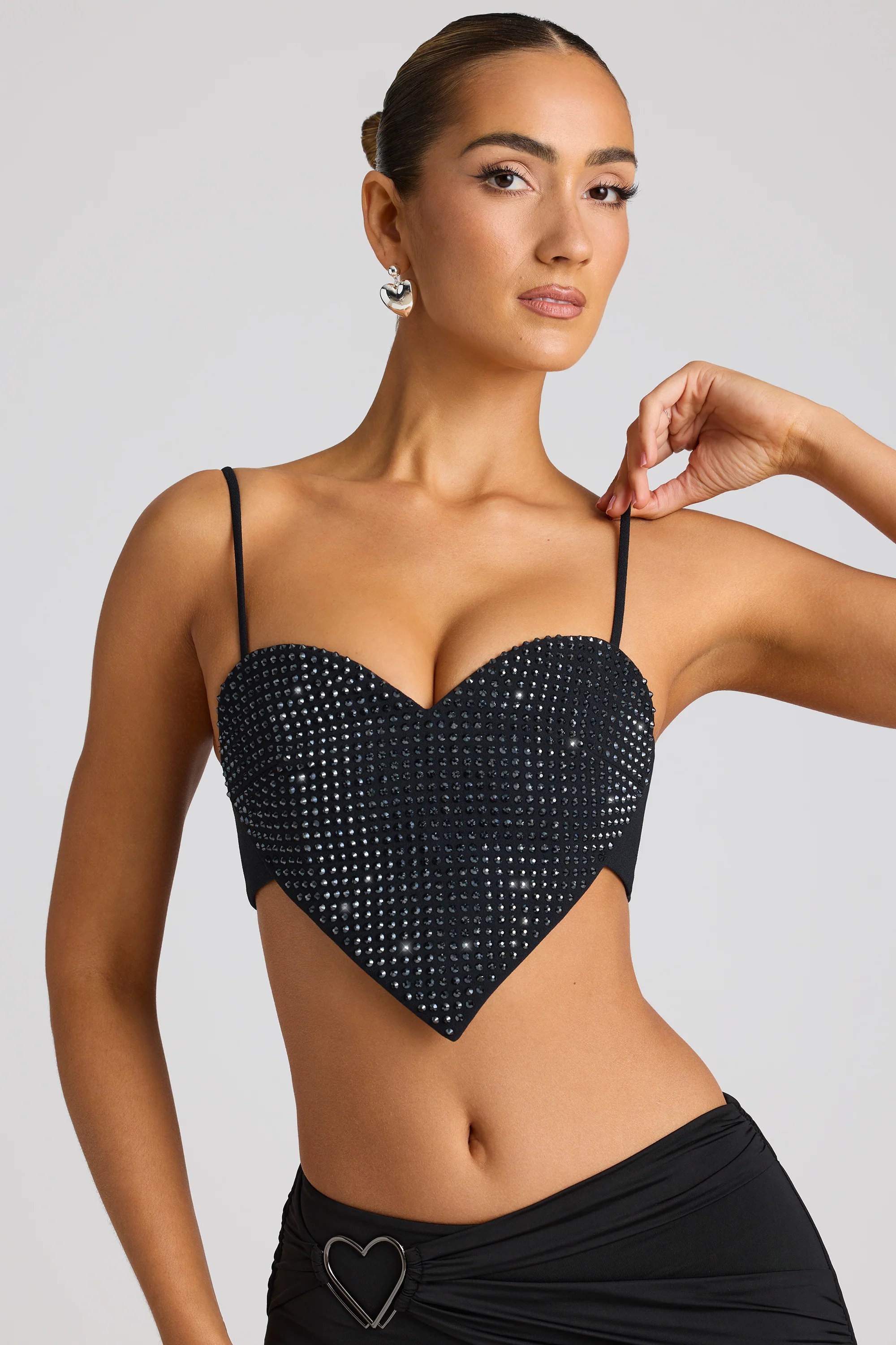 Embellished Statement Heart Shaped Crop Top in Black - Image 8