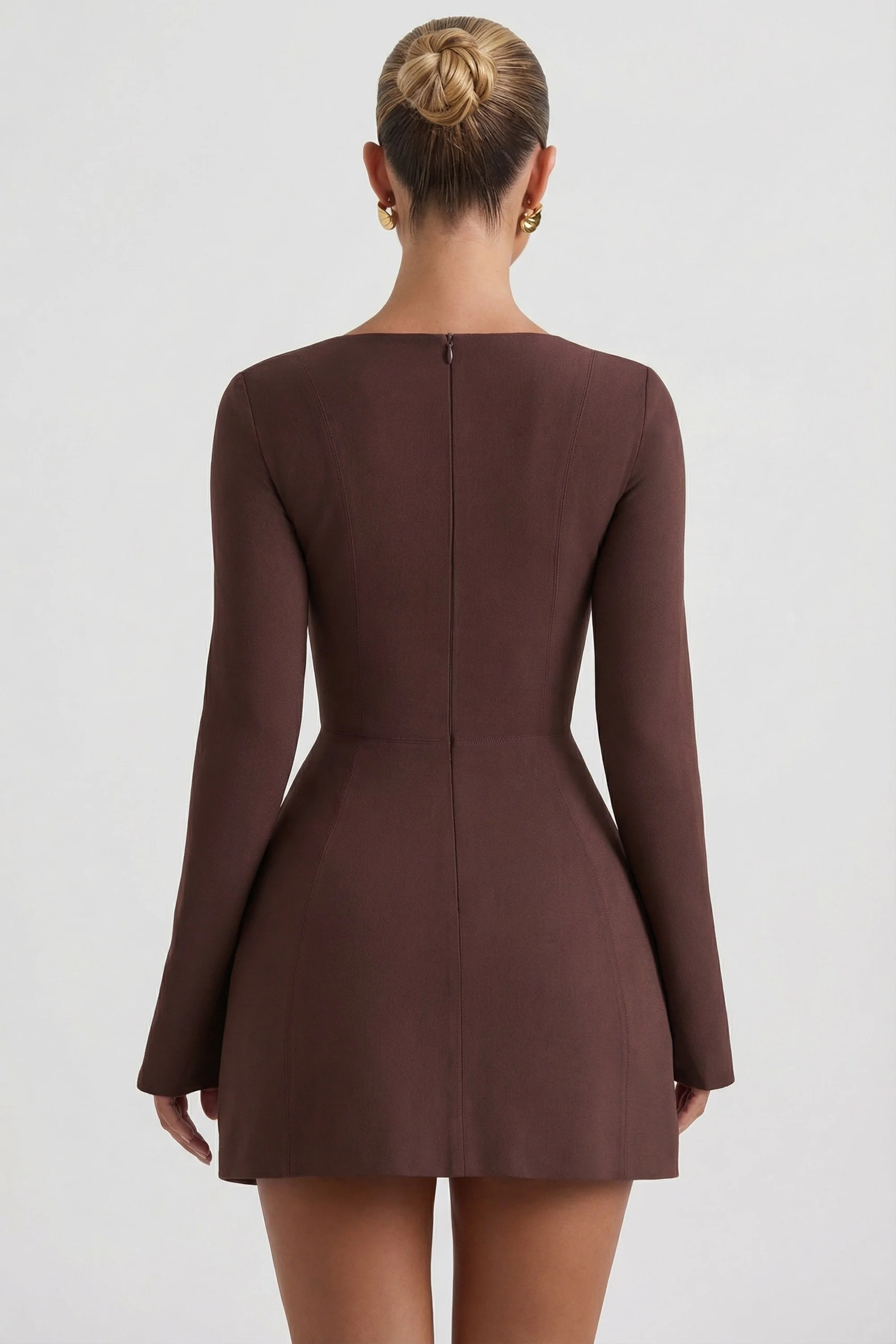 Square-Neck Structured Tulip Mini Dress in Chocolate Brown - Image 2