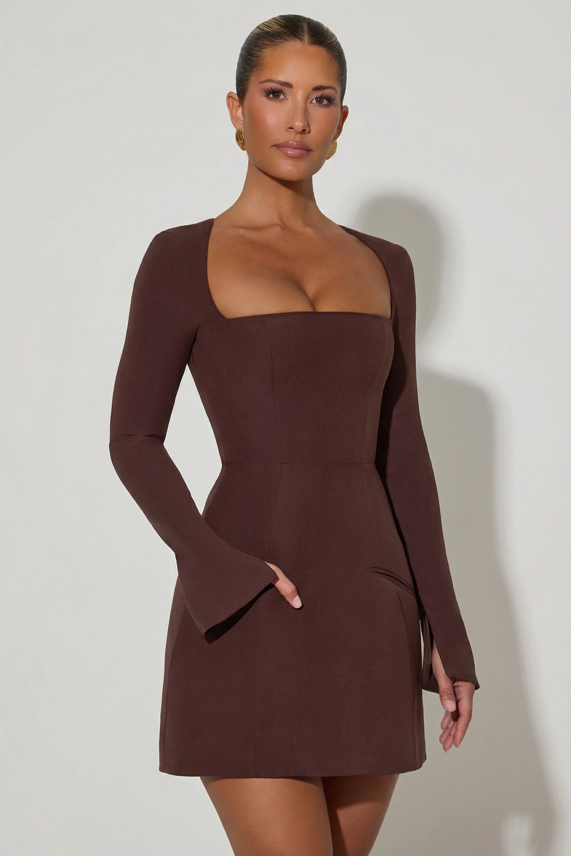 Square-Neck Structured Tulip Mini Dress in Chocolate Brown - Image 6