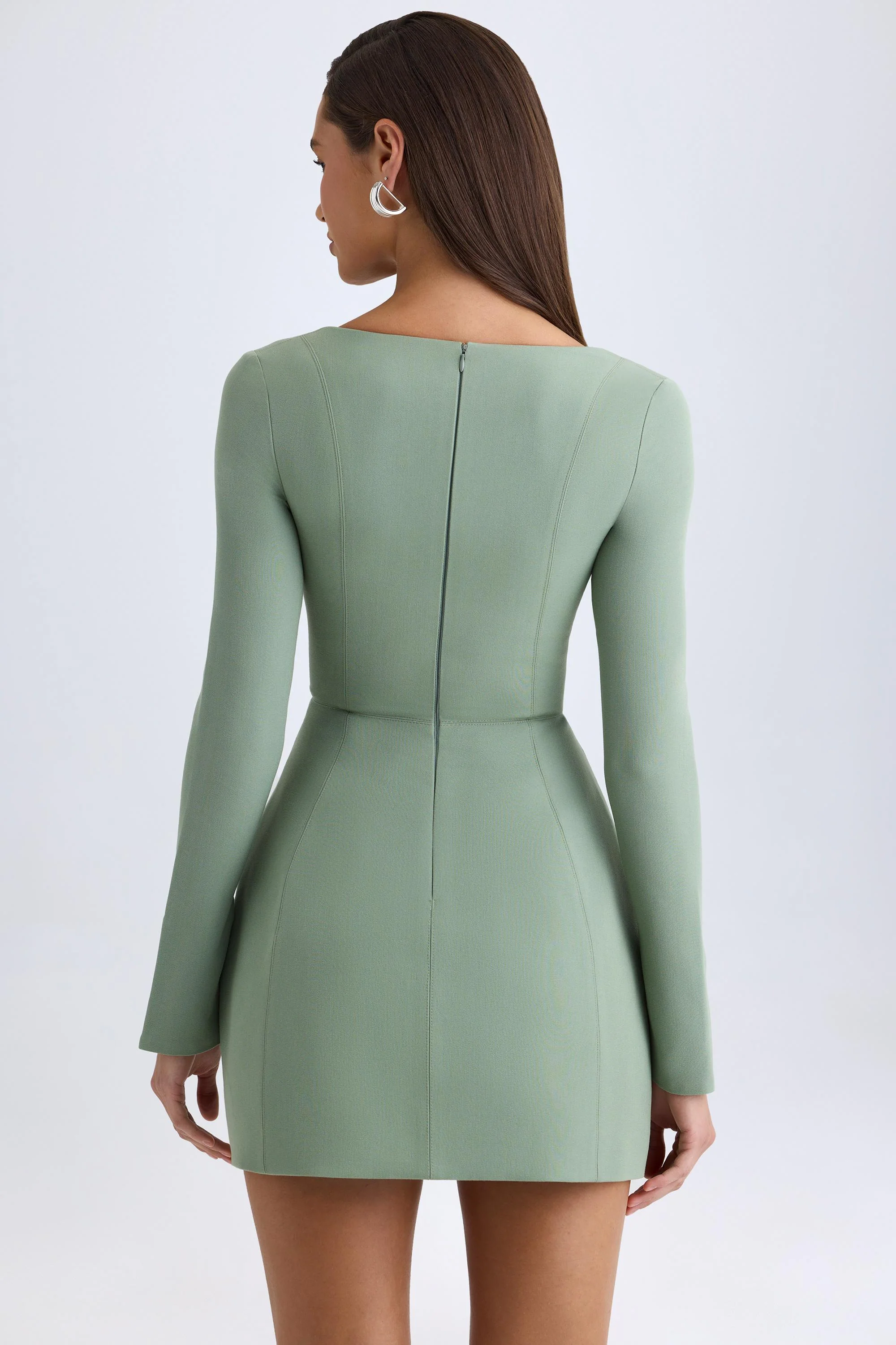 Square-Neck Structured Tulip Mini Dress in Khaki Green - Image 3